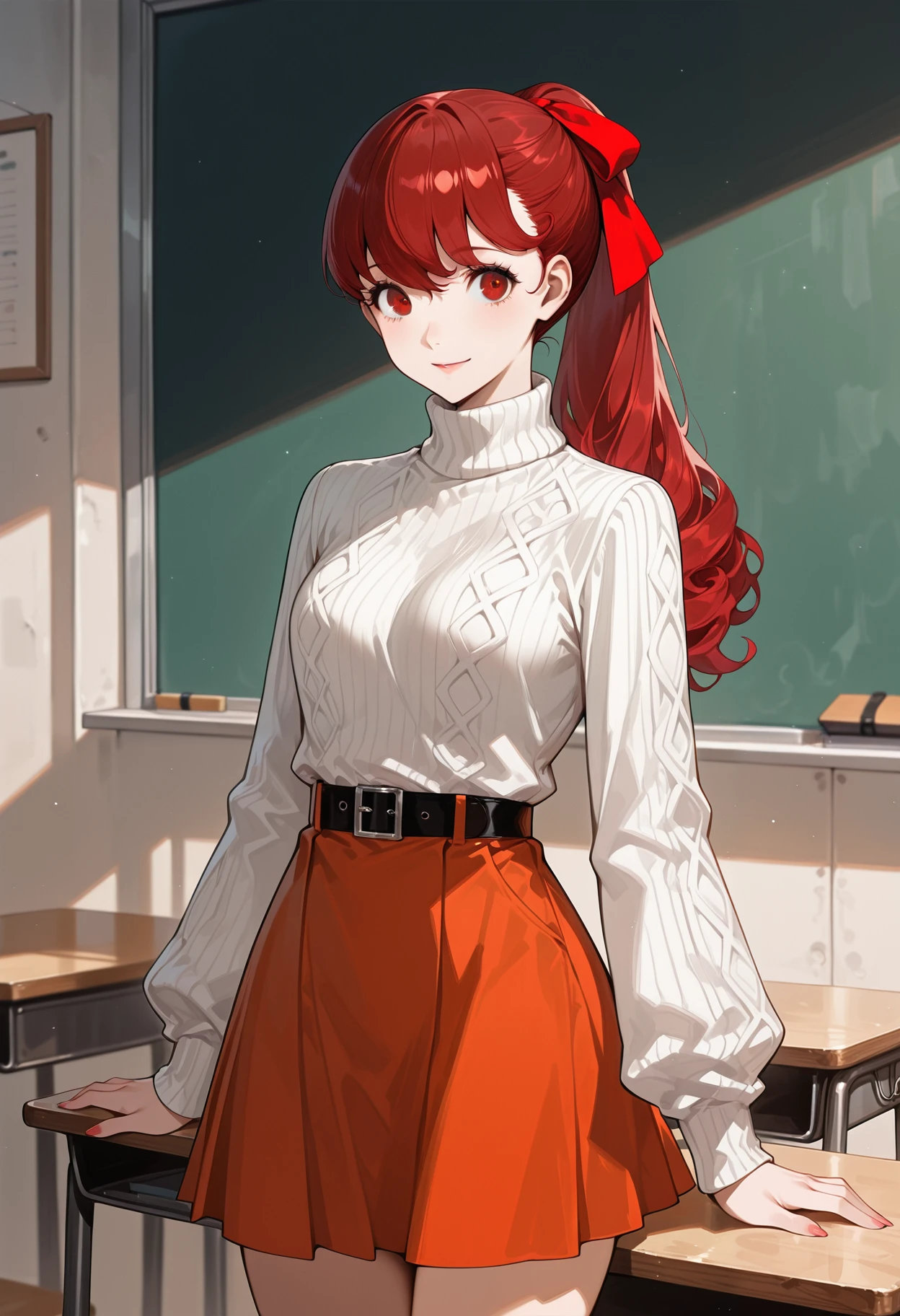 (masterwork, masterpiece, best quality, hyper-detailed :1.2),
1 girl, solo, cowboy shot, looking at viewer, smile,
p5yoshizawa, long hair, red hair, bangs, ponytail, red hair bow, burgundy eyes,
p5yoshizawa-wincas, white sweater, turtleneck sweater, long sleeves, black belt, orange skirt,
detailed background, classroom,