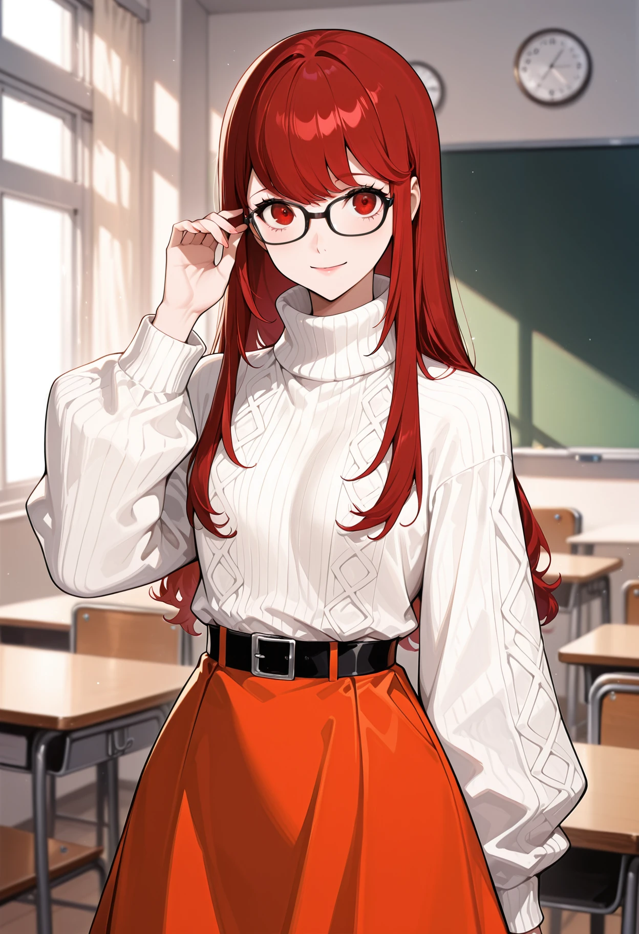 (masterwork, masterpiece, best quality, hyper-detailed :1.2),
1 girl, solo, cowboy shot, looking at viewer, smile,
p5yoshizawa, long hair, red hair, hair down, bangs, glasses, black-framed eyewear,
p5yoshizawa-wincas, white sweater, turtleneck sweater, long sleeves, black belt, orange skirt,
detailed background, classroom,