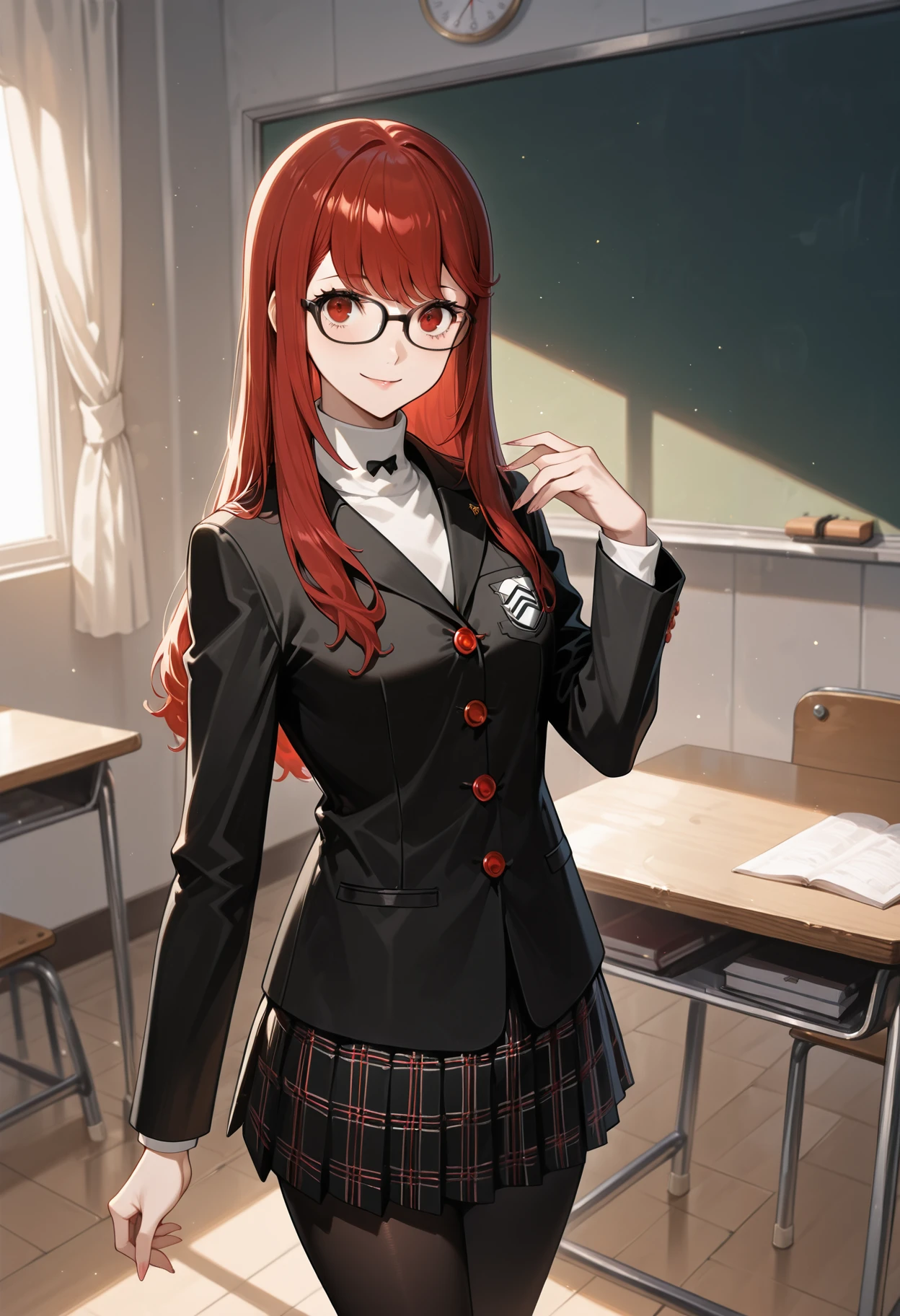 (masterwork, masterpiece, best quality, hyper-detailed :1.2),
1 girl, solo, cowboy shot, looking at viewer, smile,
p5yoshizawa, long hair, red hair, hair down, bangs, glasses, black-framed eyewear,
p5yoshizawa-winuni, school uniform, white turtleneck, black bowtie, black jacket, school emblem, red buttons, plaid skirt, pleated skirt, black pantyhose, shuujin academy school uniform,
detailed background, classroom,