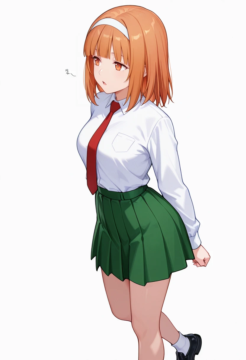 masterpiece, best quality, highres, hmochako, blush stickers, short hair, medium breasts. school uniform, green skirt, pleated skirt, red necktie, black pantyhose, white shirt, long sleeves, grey jacket, hand on hip,