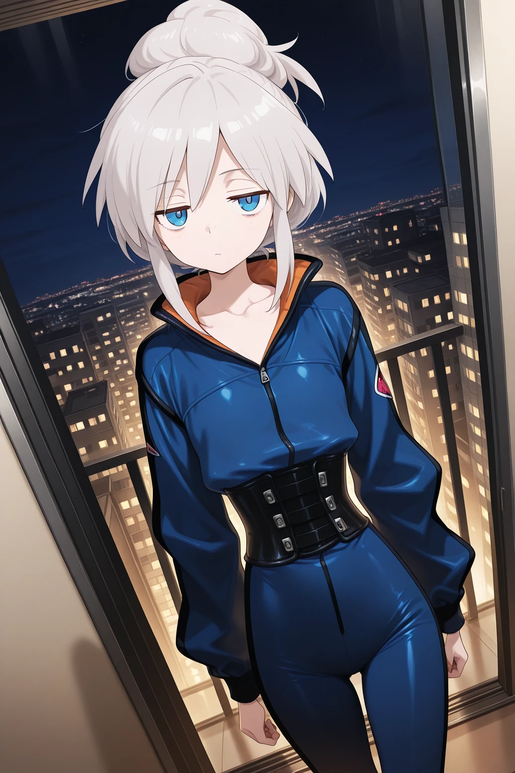 1girl,
DeuxMurasameGundamGQ, DMPilotSuit,
general, solo, perspective, dutch angle, upper body,
grey hair, blue eyes, colored eyelashes, collarbone,
jitome,
blue bodysuit, two-tone bodysuit,
looking at viewer, arms at sides,
night, apartment, glass wall, balcony, soft lighting,
depth of field,
<lora:kp_DeuxMurasameGundamGQIllustrious_v1_1:1.0>,
masterpiece, best quality, amazing quality