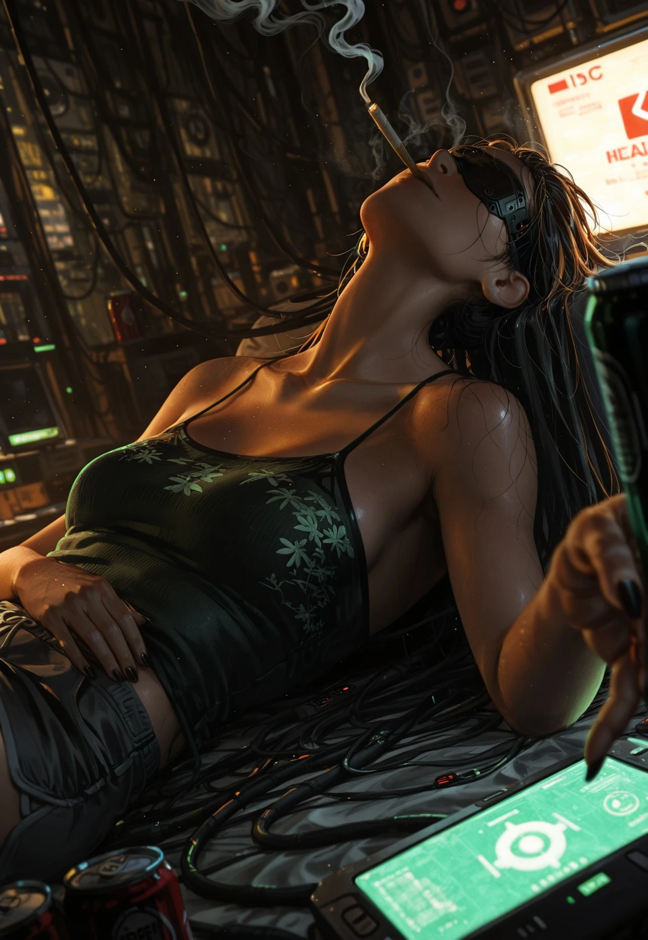 gwe1z, 1girl, solo, head back, cyberpunk, sci fi, covered eyes, experiment, upper body, collarbone, spaghetti strap, cropped (cami) top, reclining, hologram, iOS, UI, user interface, bioluminescence, very_long_hair, wires, cables, (wires connected to head), smoking, smoke, pajama shorts, fingers, sharp fingernails, nail polish, connected, cover, neon, moody, bloom, dark, very dark, dim lighting, blurry background, foreshortening, hand_focus, messy room, beer, can, ((blurry foreground)), dynamic dutch angle, detailed lighting, masterpiece, masterfully drawn, amazing quality, best quality, elegantly detailed, very aesthetic, latest