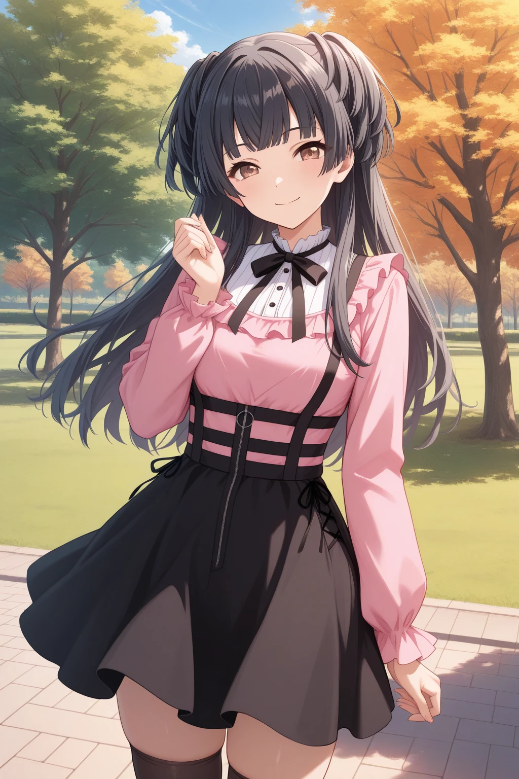 very awa, detailed eyes, shining eyes, masterpiece, best quality, ultra-detailed, (8k), (hdr), (ultra-detailed), absurdres, looking at viewer, solo, 1girl, girl, outdoors, park, day, blue sky, smile, aafuyuko, brown eyes, black hair, two side up, fuyukopink, jirai kei, black neck ribbon, frilled shirt collar, white shirt collar, pink shirt, long sleeves, frilled sleeves, black skirt, high-waist skirt, suspender skirt, black thighhighs, frills, ((standing, cowboy shot))