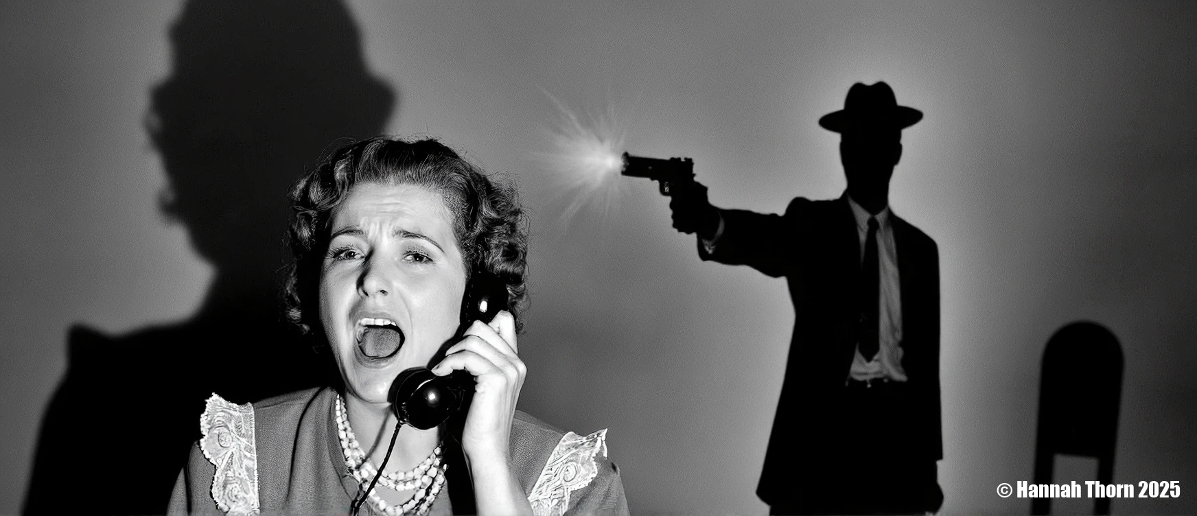 A terrified woman in vintage 1940s attire, pearl necklace, and lace collar, screaming into an old rotary telephone, her face contorted in sheer horror, eyes wide with desperate fear. Behind her, a menacing, silhouetted man in a fedora and suit aims a glinting pistol directly at her head. Inspired by classic film noir cinematography, evoking the stark drama of Billy Wilder and the chiaroscuro of Caravaggio. Captured with a 50mm prime lens at f/2.8, from a medium close-up, slightly low-angle perspective. Dramatic, hard key light illuminates the woman's face from the left, while strong backlighting creates the man's ominous silhouette, casting deep, oppressive shadows. The composition uses the rule of thirds, with sharp focus on the woman's desperate expression, emphasizing the intense, claustrophobic atmosphere. Post-processed with high-contrast black and white, gritty film grain, and a timeless, cinematic aesthetic.<lora:_Flux\_Film-Retro\Film_Noir.safetensors:1.0000000000000002:1.0000000000000002>