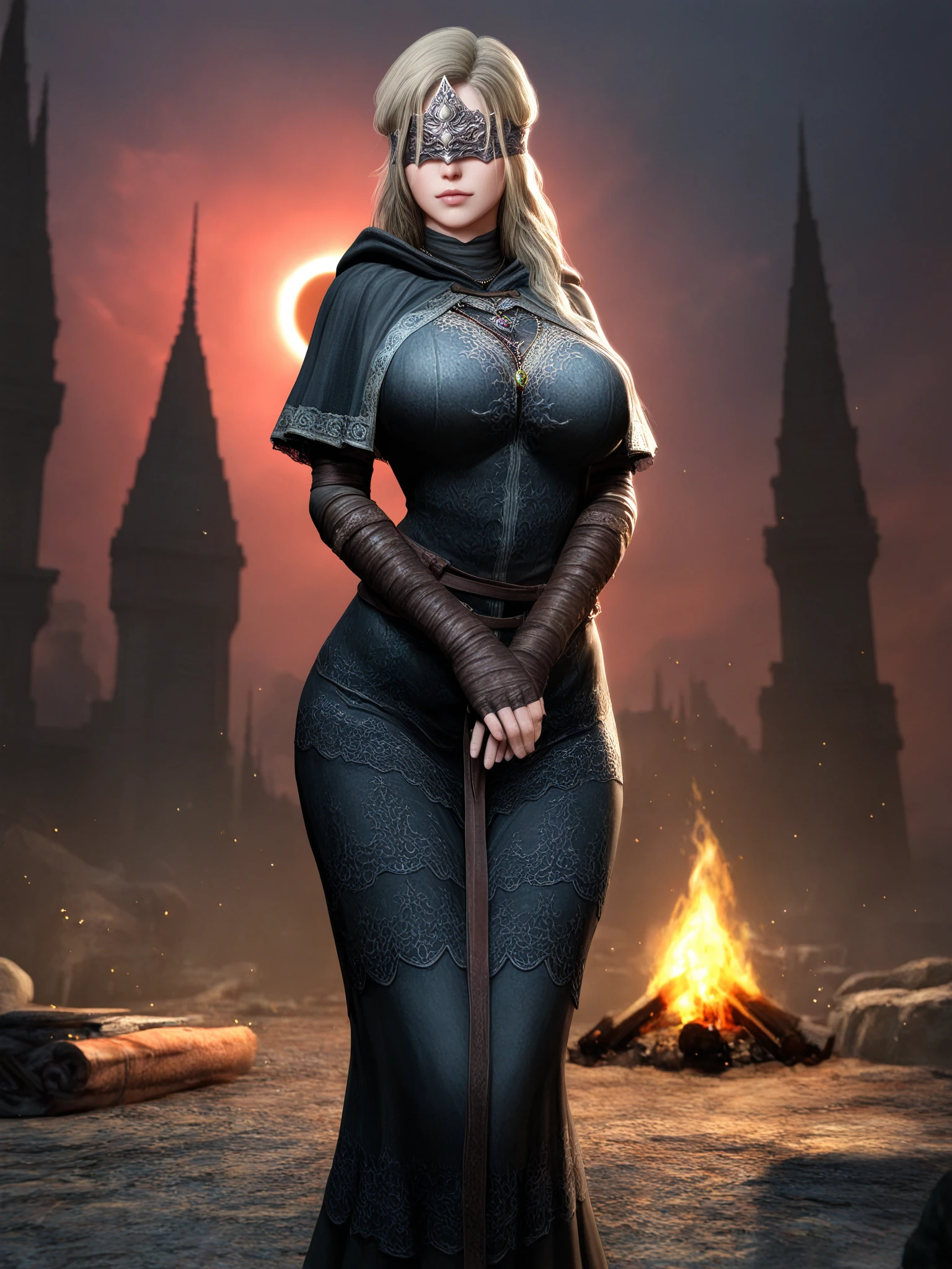 masterpiece, good quality, best quality, highres, absurdres, very awa, bloom, shadow, sidelighting, 3d \(realistic\), blurry background,
1girl,fire keeper, dark souls \(series\),
standing, legs together, own hands together, yellow aura, light particles, crossed hands, clenched hand,
mature female, solo, feet out of frame,
large breasts, shiny face,
eye mask, blindfold, long hair, blonde hair, cloak, capelet, necklace, grey dress, grey robe, grey bandaged hands, fingerless gloves, bandaged elbow gloves, long dress, grey gloves, brown gloves,
outdoors, wasteland, (eclipse:1.2), (darksign \(dark souls\):1.2), red sky, bonfire, night, light particles, in-universe location,
<lora:3DStyle Locon NoobAI EPSILON 1224 V4 RealisticCartoon3D dec0.05 tagdrop01:1> 5 fingers