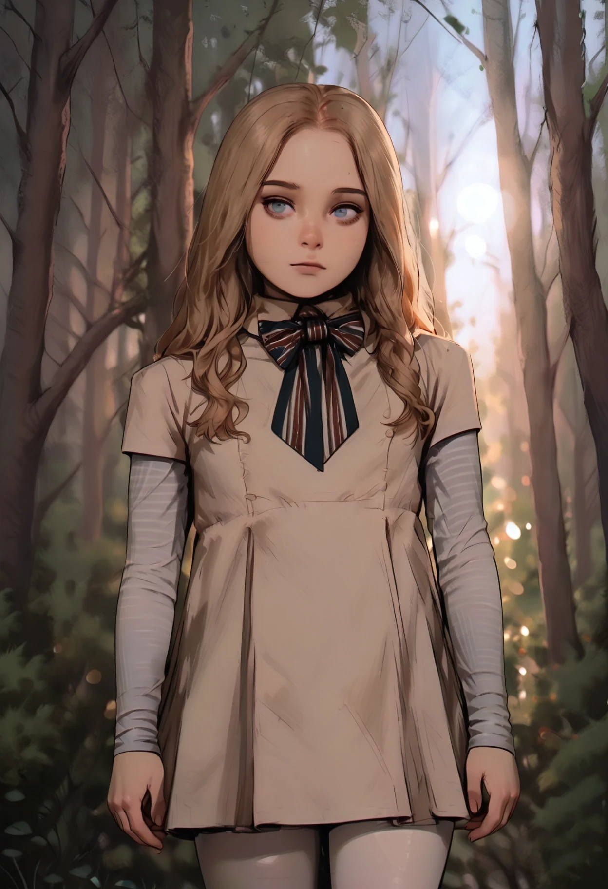 masterpiece,best quality,amazing quality, <lora:M3GAN_IL:1> m3ganwaifuil,, dress, long sleeves, shirt, white pantyhose, striped clothes, bow, blue eyes, <lora:GTHAN2:1> GTHAN, realistic, blurry background, outdoors, portrait, bokeh, forest