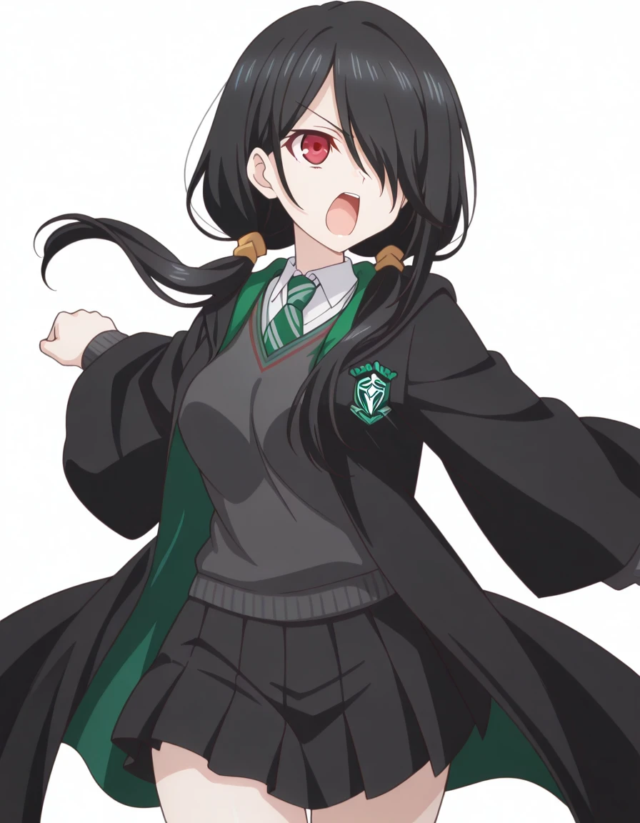 masterpiece, best quality, amazing quality,, <lora:kurumi-tokisaki-s2-illustriousxl-lora-nochekaiser:1>, kurumi tokisaki, black hair, red eyes, long hair, hair over one eye, twintails, low twintails, mature female, medium breasts, anime screencap, <lora:hogwarts-uniform-illustriousxl-lora-nochekaiser:1>, hogwarts uniform, slytherin, black robe, necktie, striped necktie, collared shirt, sweater, pleated skirt, grey sweater,, <lora:dynamic-pose-illustriousxl-lora-nochekaiser:1>, dynamic pose, fighting, cowboy shot, shouting, , <lora:transparent-background-illustriousxl-lora-nochekaiser:1>, transparent background, simple background, white background, ,