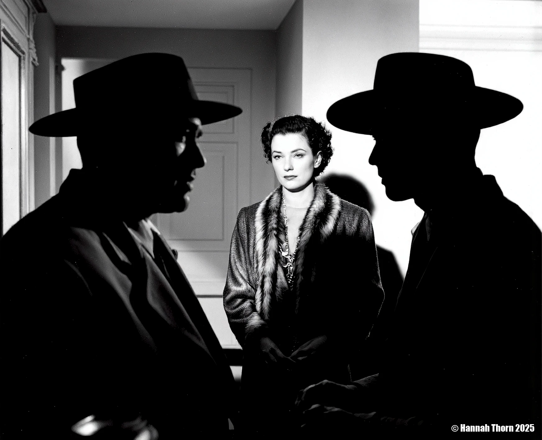A tense, dramatic medium shot captures a resolute woman with an intense, watchful gaze, adorned in a luxurious fur-collared coat, standing amidst two stern men in sharp fedoras and tailored suits, one partially obscured in deep shadow, the other a sharp silhouette in the extreme foreground, hinting at a formal, somber encounter. Influenced by the stark chiaroscuro of Gordon Willis and the dramatic portraiture of Yousuf Karsh, embodying a classic film noir aesthetic. Shot on a 50mm lens at f/2.8, with a shallow depth of field and subtle bokeh in the foreground. Precise hard side lighting illuminates the woman's face, creating deep, defined shadows, complemented by subtle rim lighting on the men's hats, all bathed in a high-contrast monochromatic palette. Composition utilizes the rule of thirds for the woman's impactful presence, framed by the mysterious foreground and strong vertical lines of the environment. Post-processed with a vintage film grain and a dramatic, desaturated look.<lora:_Flux\_Film-Retro\Film_Noir.safetensors:1.0000000000000002:1.0000000000000002>