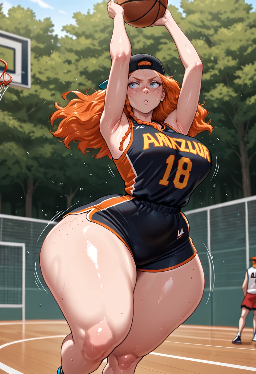 masterpiece, best quality, amazing quality, very aesthetic, absurdres, newest,
<lora:Mary_Lou_Fellatrix-IL:1> mary-lou, long hair, orange hair, blue eyes, freckles, large breasts, curvy, thick thighs, wide hips, ml-regu,
dynamic, motion, movement, action, outdoors, basketball, basketball jersey, backwards hat