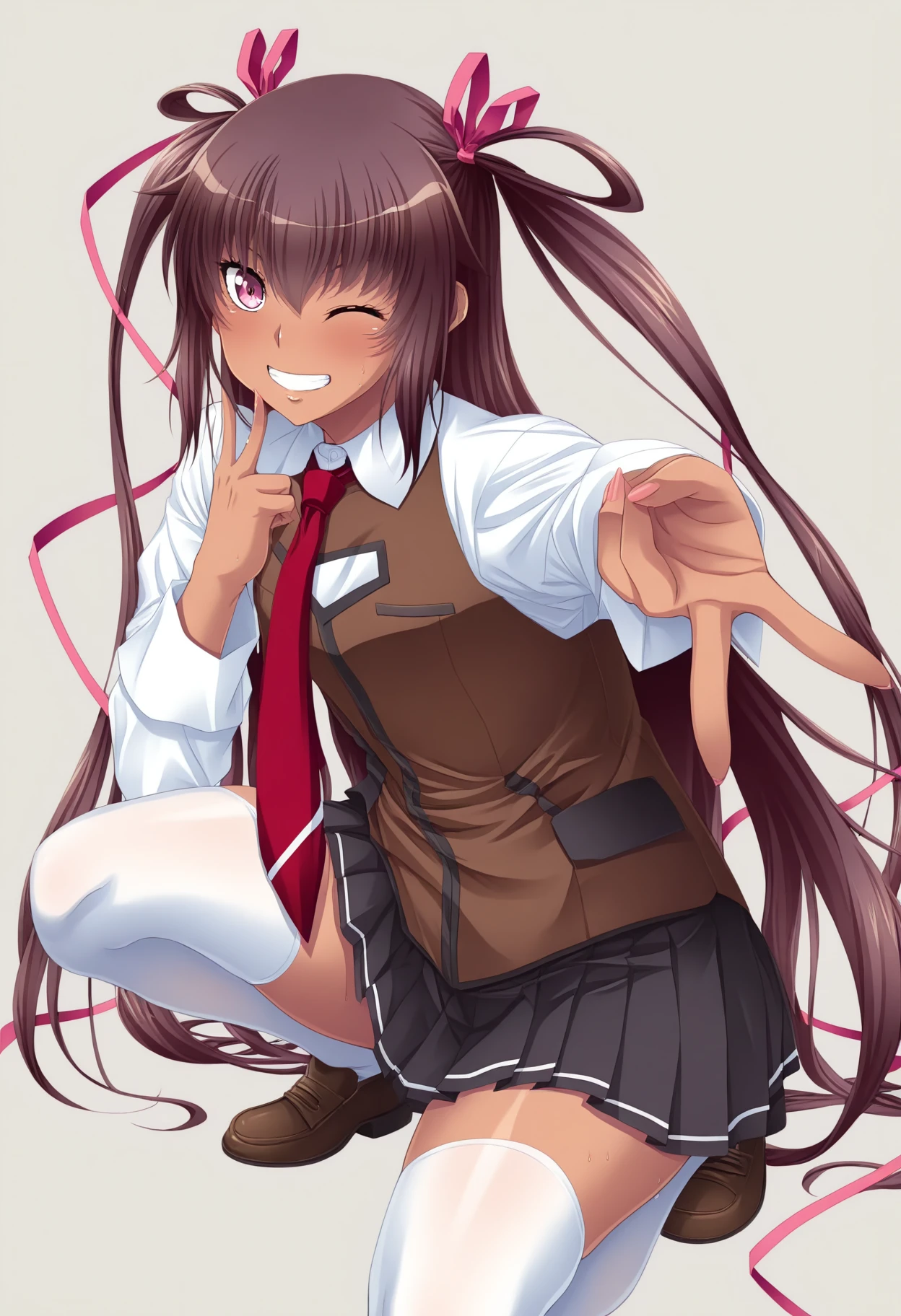masterpiece, 1girl, c-mizuki, purple eyes, very long hair, brown hair, two side up, hair ribbon, one-piece tan, white collared shirt, red necktie, long sleeves, brown vest, black pleated skirt, white thighhighs, c-gya, v, looking at viewer, simple background, one eye closed, squatting, v over mouth, double v, one hand up, grin, head t ilt,