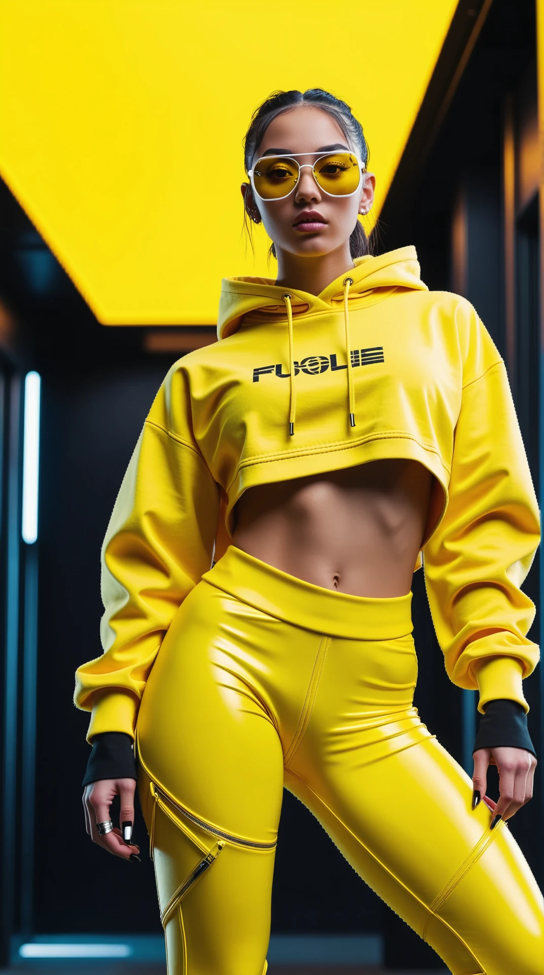 A closeup of a SFW, cinematic photo. A vibrant, energetic streetwear-inspired character standing confidently against a bold, solid yellow background. She is wearing futuristic, athletic apparel with striking yellow and black color schemes. Her outfit includes a cropped white hoodie over a branded sports top, black bikini bottoms, and yellow thighhighs, high-tech yellow leg gear with bold text details, and sleek black sneakers with futuristic designs. Her look is completed with reflective yellow-tinted sunglasses and a playful pose, flashing a peace sign. The lighting emphasizes the bold contrast and modern aesthetic, giving the image a dynamic, high-energy vibe. The overall style is a fusion of cyberpunk, athletic fashion, and pop-art minimalism." , masterpiece, 8K high definition, vibrant colors, futuristic streetwear, energetic pose, bold aesthetics, sleek design, high-tech fashion, cyberpunk influence, minimalistic background. 35mm photograph, film, bokeh, professional, 4k, highly detailed ,