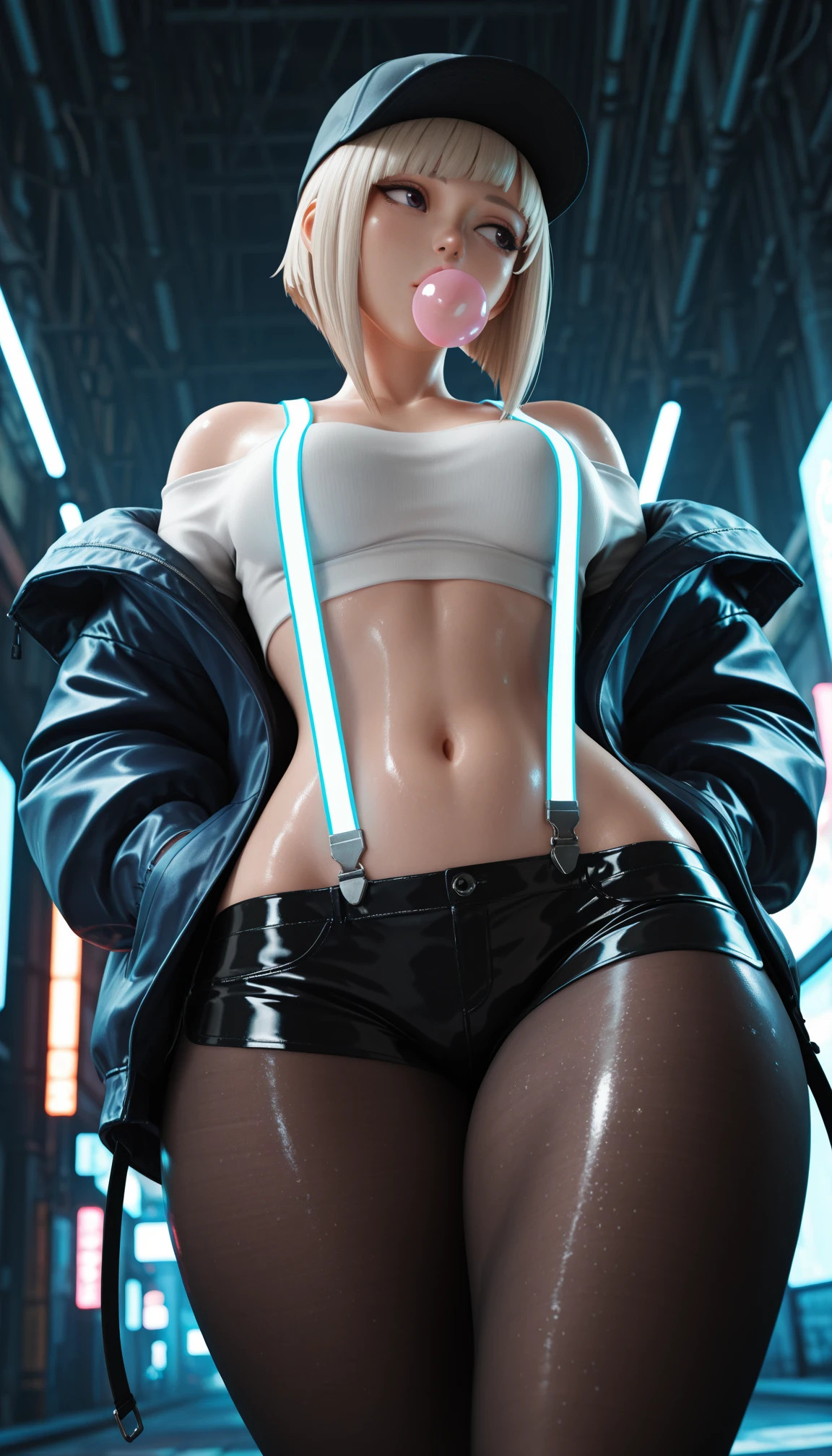 25-year-old Caucasian woman、platinum-blonde、blue eyess、Longhaire、My hair is wavy、accessories on the wrist、wearing a choker、Shiny skin、a smile、The navel is out、My abs are cracked、slim muscular body、I don&#39;t want my head to disappear from the screen.、I&#39;m in a back alley in the downtown area、She is wearing a T-shirt with a logo on it that shows her underboob.、Wearing a jacket、I&#39;m wearing low-rise leggings、my back to the wall、I&#39;m punching my chest