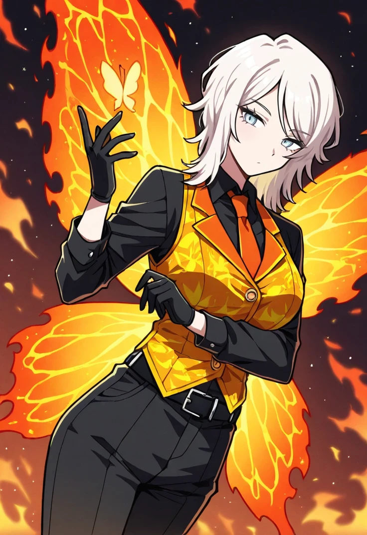 masterpiece, perfect face, beautiful face, perfect hands, beautiful hands, <lora:Faust_Limbus_Illustrious:1>, FaustLimbus, FaustArdor, 1girl, solo, long hair, bangs, blue eyes, shirt, gloves, long sleeves, closed mouth, standing, white hair, necktie, black gloves, collared shirt, belt, pants, artist name, hand up, vest, from side, black shirt, black pants, fire, black belt, fire butterfly wings