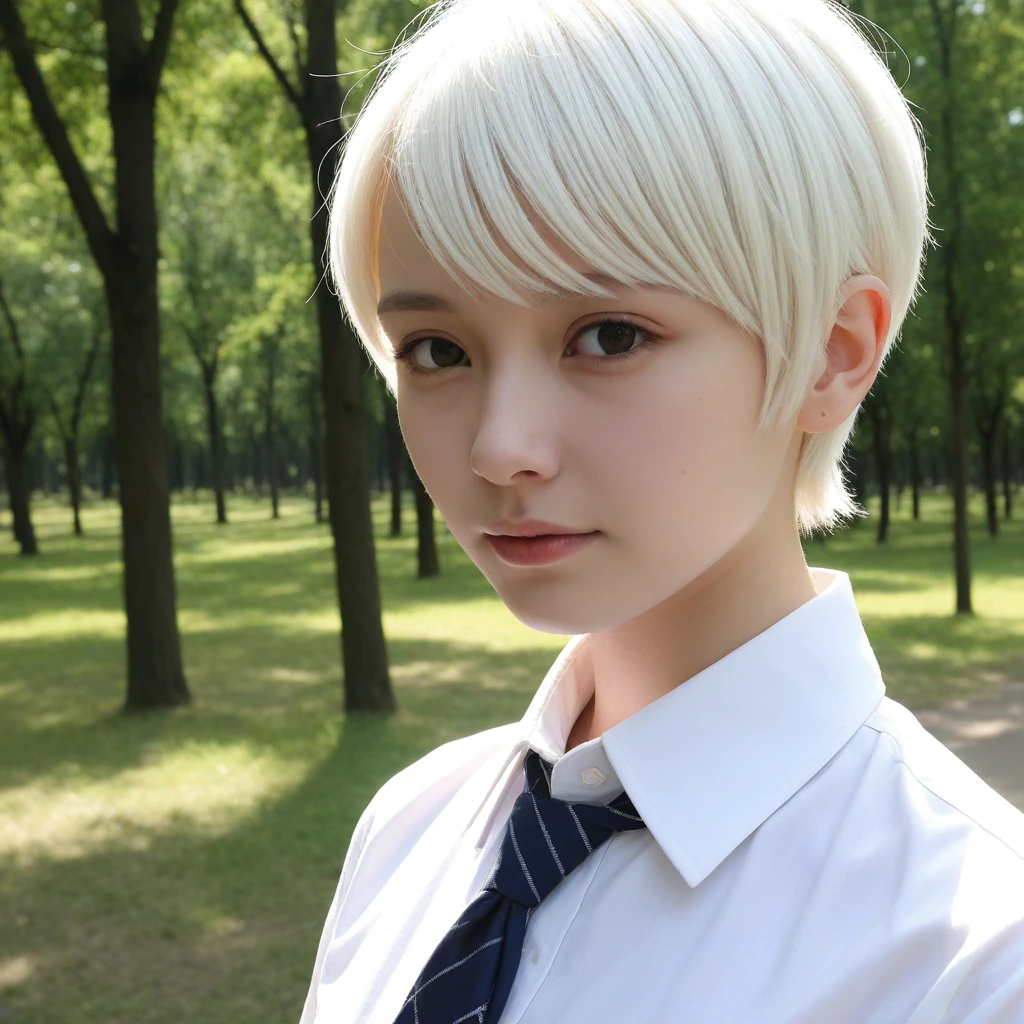 <lora:dmd2_4_steps_color_fix:1>,1girl,solo,tree,necktie,realistic,outdoors,shirt,short hair,white shirt,collared shirt,day,mole,nature,closed mouth,portrait,white hair,upper body,sunlight,forest,, (masterpiece, best quality, ultra-detailed, realistic)