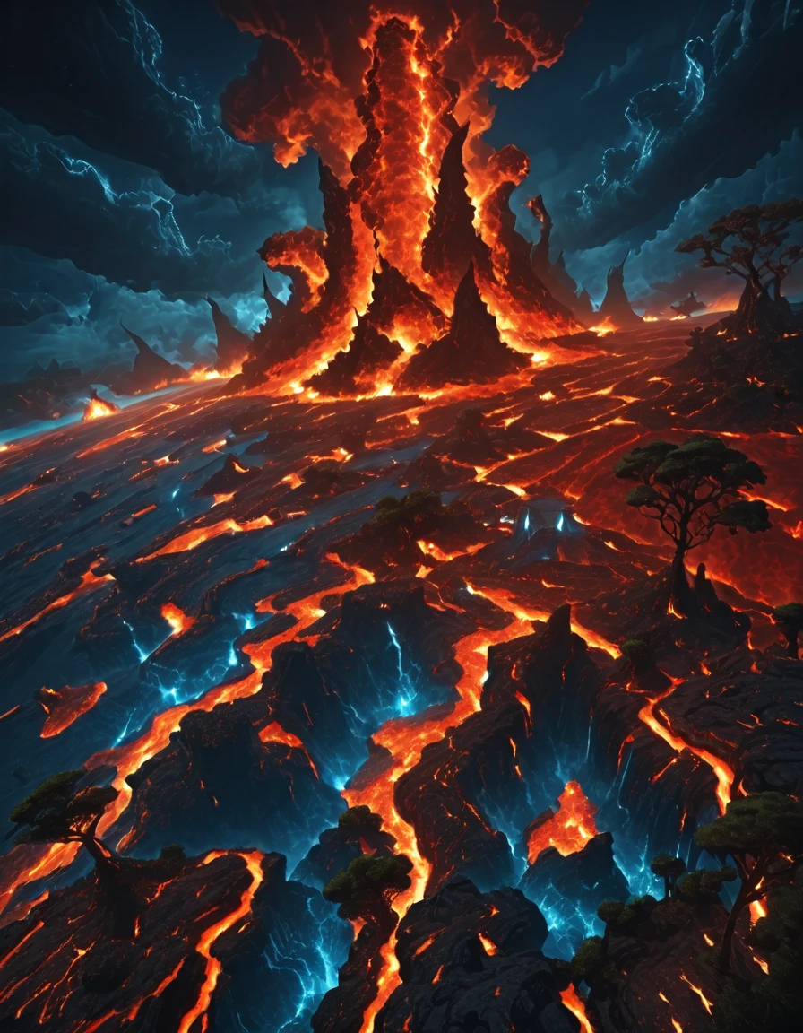 <lora:SW_Minis_7illc:1> above other small ships, aerial view, blue, cloudy sunset, crumbled ground, dark, dark blue, epic details, epic scale, fantasy, fire sky, furious, glowing eyes, lava color, t1, t3, t4, t8, tiny vegetation, tree, vegetation