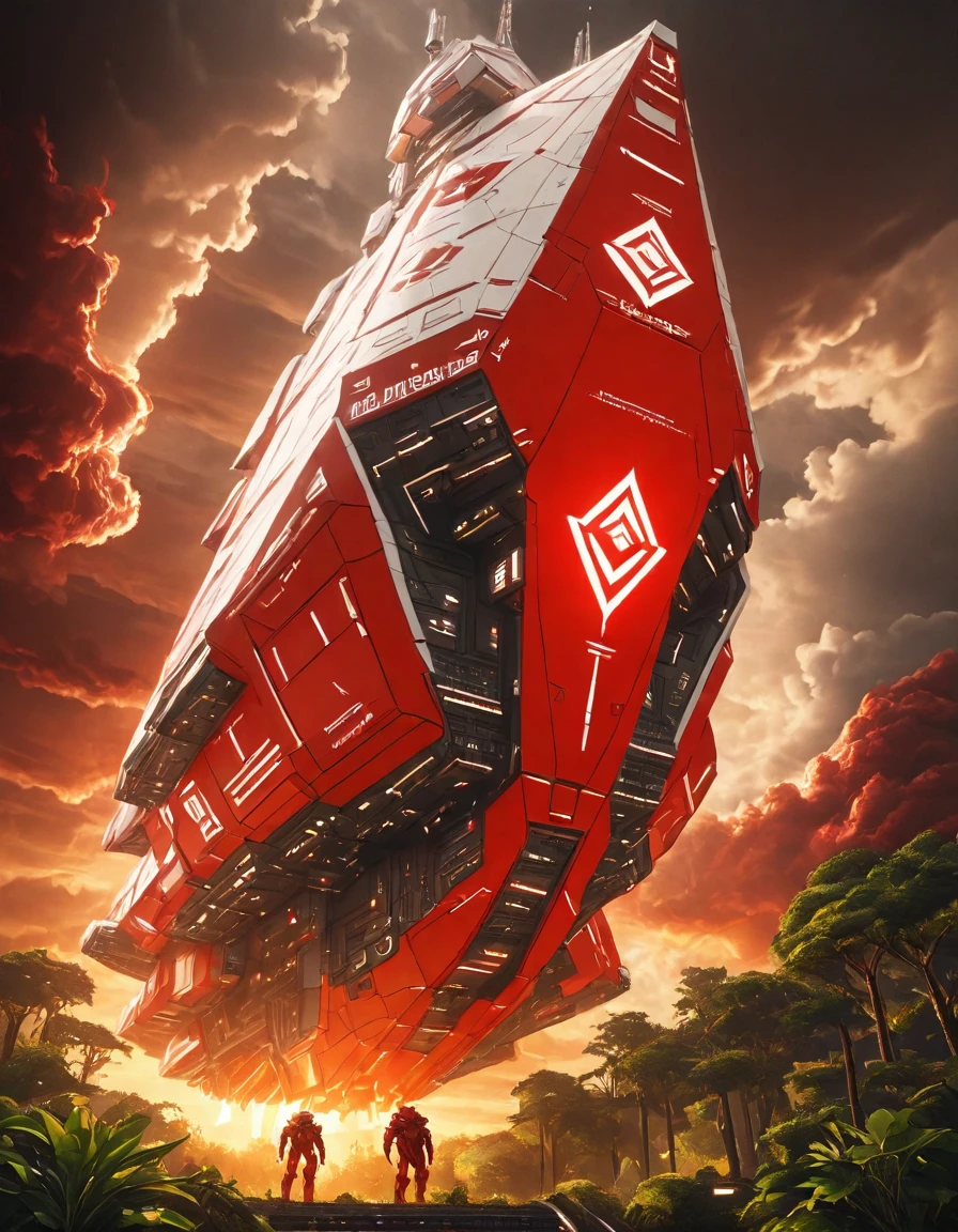 <lora:SW_Minis_7illc:1> huge angular design spacecraft, from low angle view, red war paint, person, vegetation, illuminated, cloudy sunset,