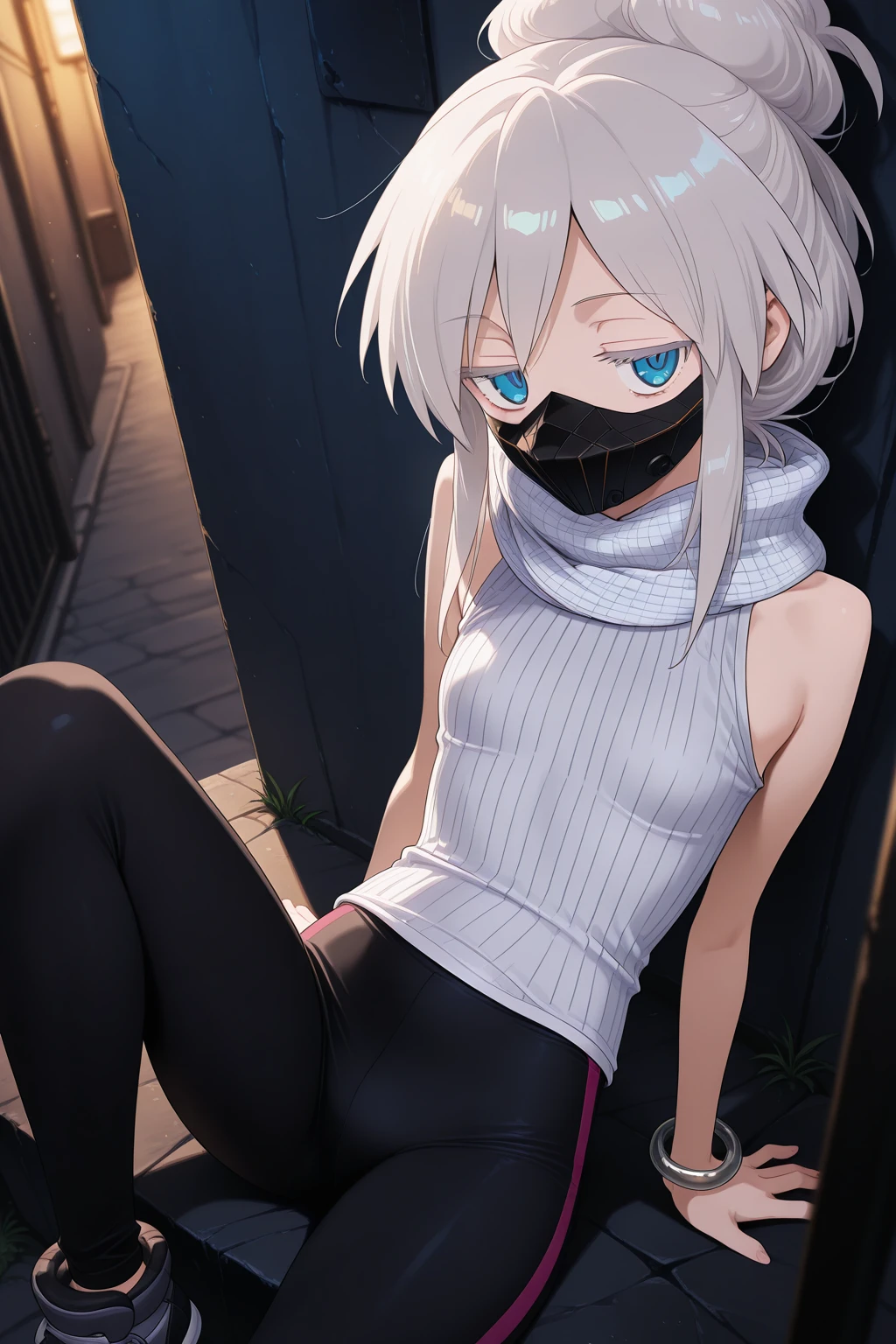 1girl,
DeuxMurasameGundamGQ, DMNormalOutfit,
general, solo, perspective,
grey hair, blue eyes, colored eyelashes, collarbone,
jitome,
mouth mask,
white scarf, plaid, sleeveless shirt, white shirt, bangle,
black leggings,
looking at viewer, sitting, swinging legs, arm support,
back alley, neon,
depth of field,
<lora:kp_DeuxMurasameGundamGQIllustrious_v1_1:1.0>,
masterpiece, best quality, amazing quality