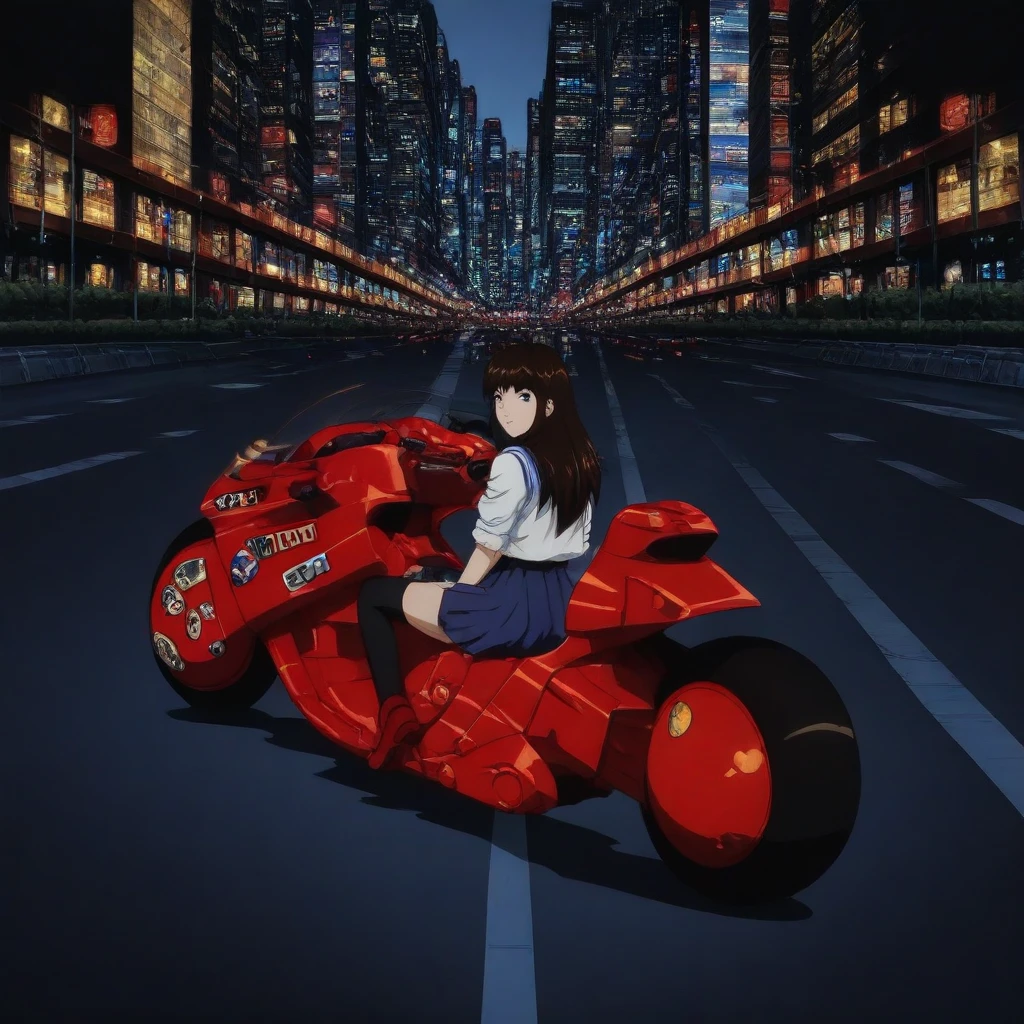 @k1r@, 1girl, long hair, brown hair, school uniform, red bow, white blouse, blue skirt, black knee-high socks, red shoes, sitting, looking back, over shoulder, rear view, red motorcycle, futuristic, city at night, glowing neon signs, skyscrapers, dynamic lighting, detailed background, sci-fi, stylish, modern Tokyo, vibrant city lights, motion blur, anime style, high detail, digital art, Japanese anime, cool atmosphere, cinematic shot