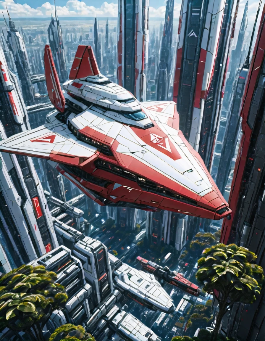 <lora:SW_Minis_7illc:1> angular design white spacecraft flying over a forest with rich jungle environment mixed with cyberpunk buildings and structures, cyberpunk cityscape, sunny day, red war paint, aerial view, from side,