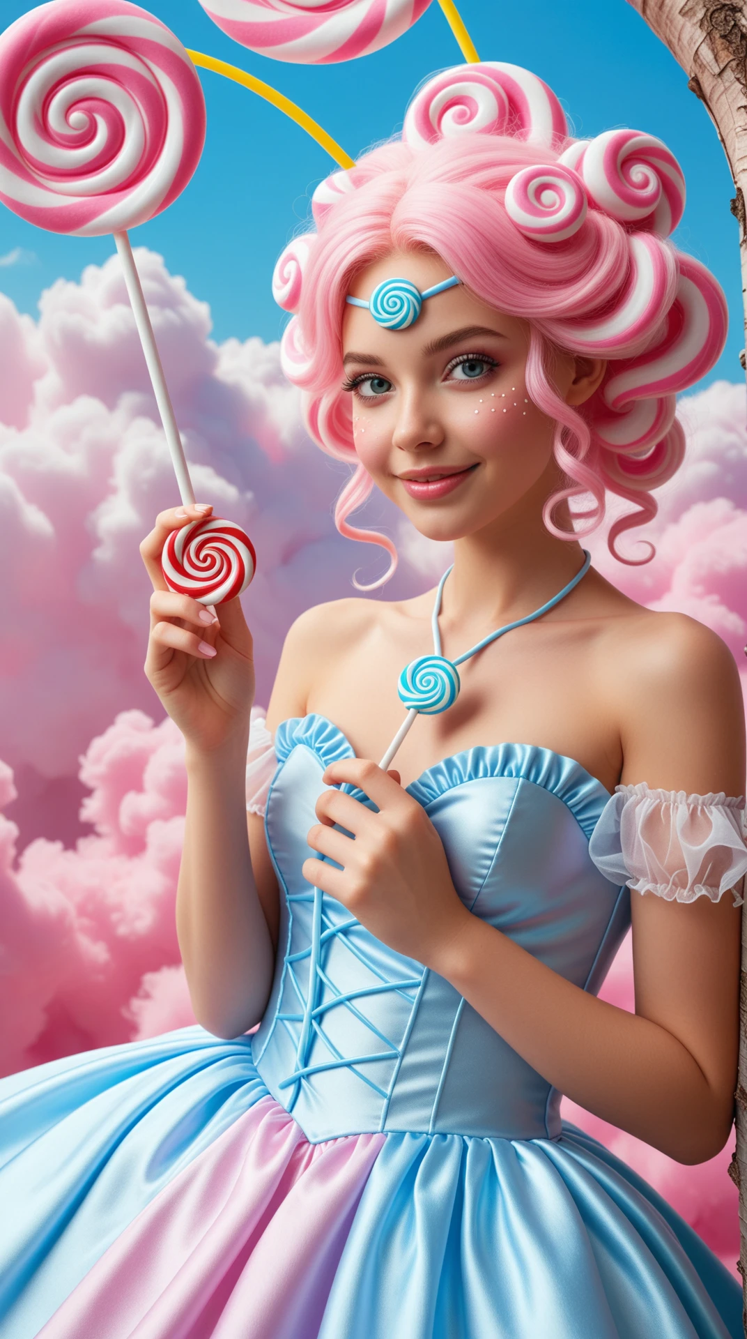 A closeup of a A whimsical, sugar-coated sorceress with cotton candy hair and a lollipop-tipped wand, stands amidst a fantastical landscape of bubblegum clouds in a pastel sky, where sweet dreams grow on candyfloss trees that resemble twisted, colorful lollipops. Her slender, elongated body is wrapped in a flowing, layered gown made of what appears to be pulled sugar, in shades of pale pink, baby blue, and yellow, with intricate, swirling patterns that evoke the sensation of spun sugar. The sorceress's eyes shine like glistening, sugar-coated jewels, as she gently plucks a sweet dream from a nearby tree, its fluffy, cotton candy-like tendrils stretching and swirling around her fingers like ethereal, edible mist. With a delicate, sugar-dusted smile, she brings the sweet dream to her lips, and as she inhales its fluffy, cotton candy-like essence, her eyes sparkle with an inner light, as if the very sweetness of the dream is infusing her being with an otherworldly energy.,