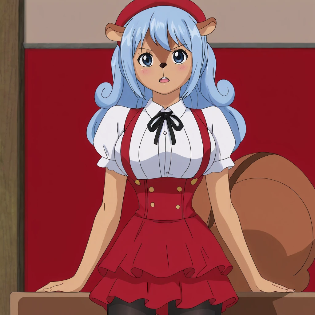 <lora:Tristan_pony_v1:.8> Tristan, 1girl, blue hair, animal ears, tail, long hair, ponytail, blue eyes, breasts, dark skin, cowboy shot, <lora:0902 Home wear 5_v1_pony:1> ruanyi0902,beret,black ribbon,collared shirt,black pantyhose,high-waist skirt,white shirt,suspenders
