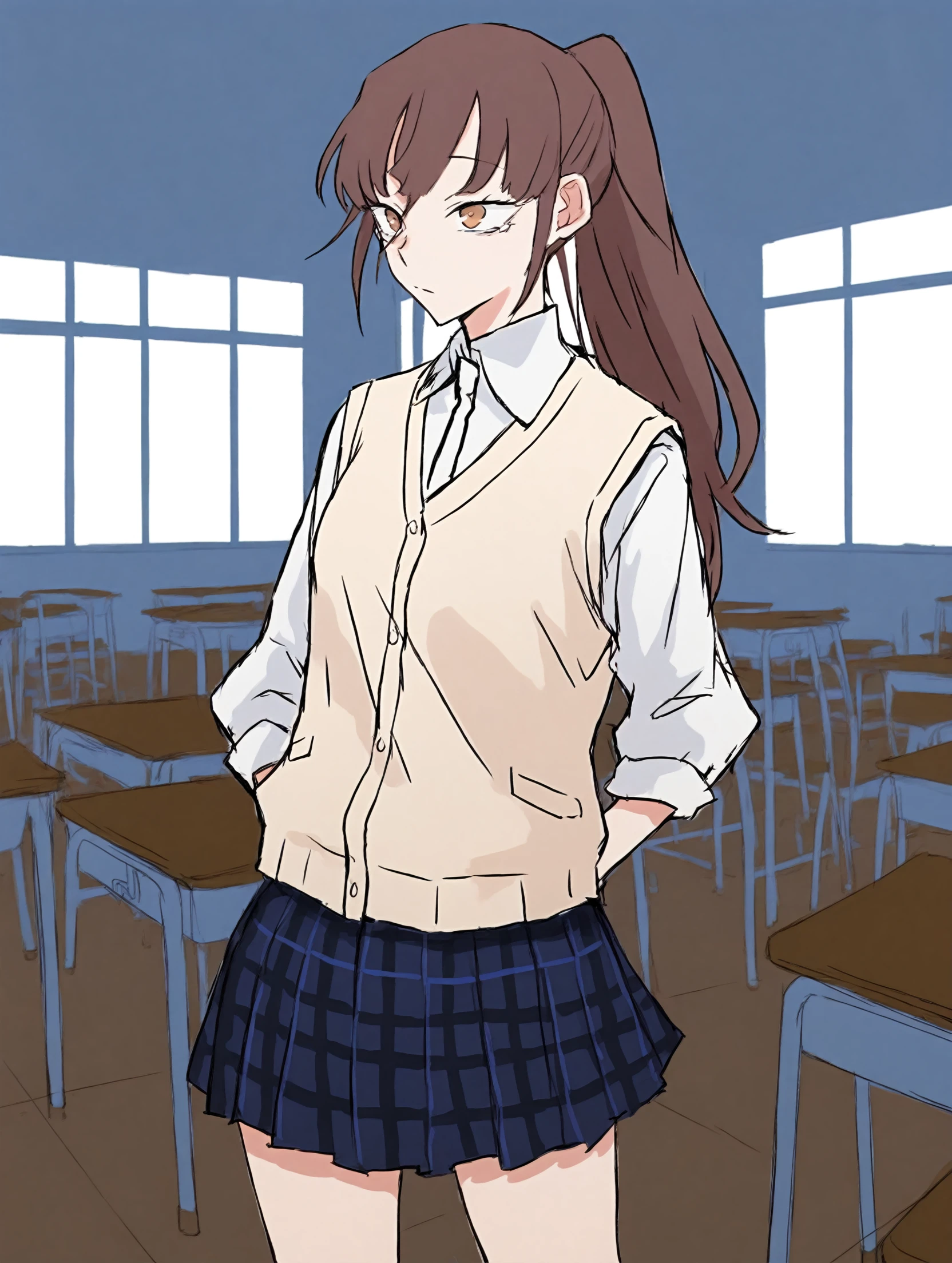 <lora:Ado_Usseewa_Style:1> usseewastyle,sketch,
<lora:Yuna_Toomi_-_Illustrious:0.6> yuna toomi,ponytail, brown eyes, brown hair,
1girl,solo,
school uniform, white shirt, beige vest,plaid skirt, pleated skirt,
standing,classroom,
masterpiece,best quality,amazing quality,