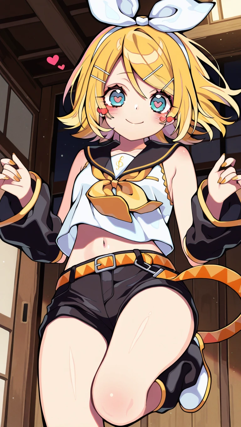 (masterpiece),best quality,amazing quality,very aesthetic,absurdres,newest,perfect body,shiny skin,perfect eyes,detail1eye,well-defined fingers,well-defined fingernails,anime style,indoors,1girl,solo,upper body,(portrait:1.5),looking at viewer,facing viewer,smile,blush,Kyouda Suzuka style,kagamine rin,short hair,blonde hair,floating hair,white hairband,hair bow,white bow,hairclip,swept bangs,blue eyes,heart-shaped pupils,collarbone,bare shoulders,black sailor collar,white shirt,sleeveless shirt,crop top,midriff,yellow neckerchief,black sleeves,detached sleeves,medium breasts,navel,stomach,orange belt,fringe,short shorts,black shorts,leg warmers,white footwear,<lora:Kagamine Rin(voc)-Illus-Remake:1.6>,<lora:Kyouda Suzuka[style]-Illus:1.6>,