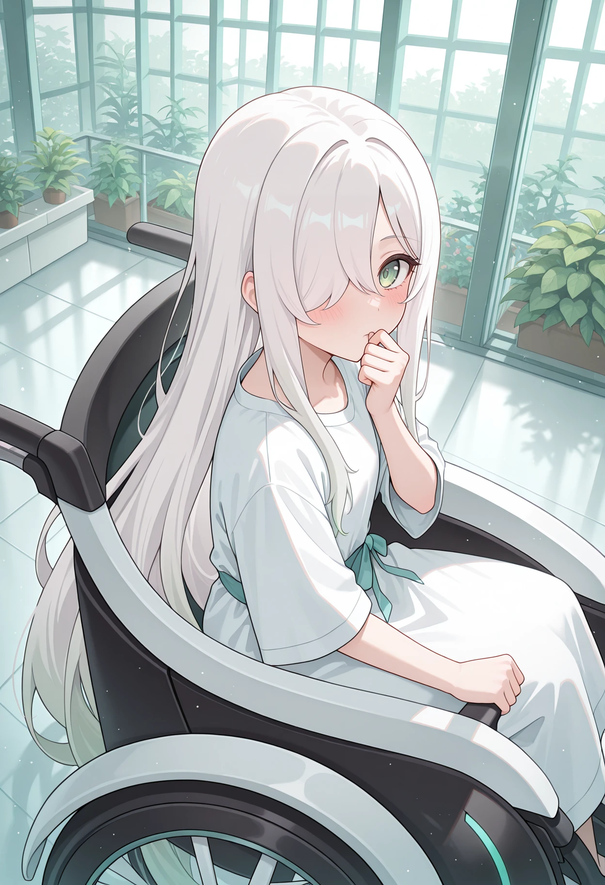 highres, best quality, masterpiece, indoors, greenhouse,
1girl, solo, rlpanmn, very long hair, white hair, hair over one eye, one eye covered, gradient hair, green eyes,
hospital gown, wheelchair, white dress,
blush, looking at viewer,
sitting, from side, science fiction,
light particles, from above, hand to own mouth, clenched hand,
<lora:_anemone_pcr-elesico-ilxlB:1>