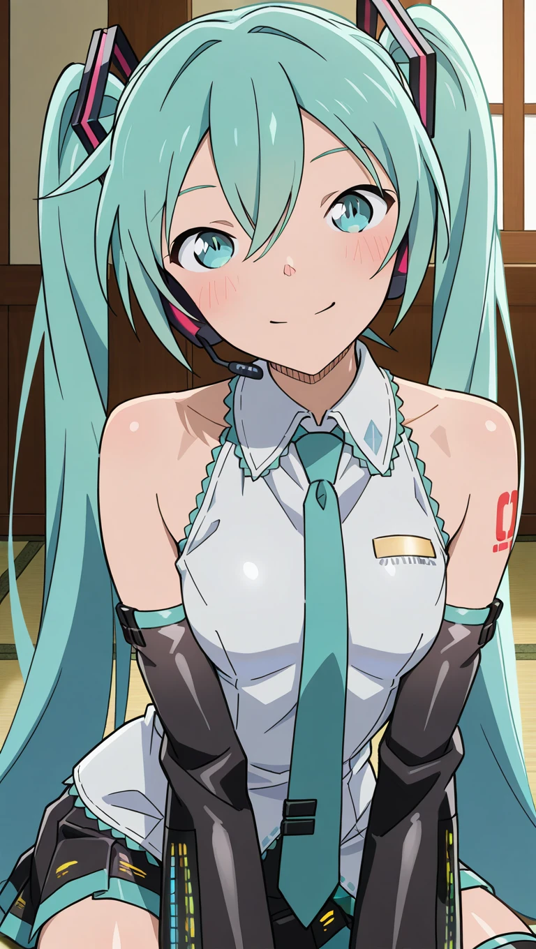 (masterpiece),best quality,amazing quality,very aesthetic,absurdres,newest,perfect body,shiny skin,perfect eyes,detail1eye,well-defined fingers,well-defined fingernails,anime style,indoors,1girl,solo,upper body,(portrait:1.5),looking at viewer,facing viewer,smile,blush,Aoyama Gosho style,hatsune miku,absurdly long hair,aqua hair,twintails,hair ornament,sidelocks,hair between eyes,parted bangs,aqua eyes,pointy nose,white shirt,collared shirt,bare shoulders,sleeveless shirt,aqua necktie,detached sleeves,black sleeves,shoulder tattoo,fringe,miniskirt,pleated skirt,zettai ryouiki,black thighhighs,thigh boots,<lora:Hatsune Miku(voc)-Illus-Remake:1.6>,