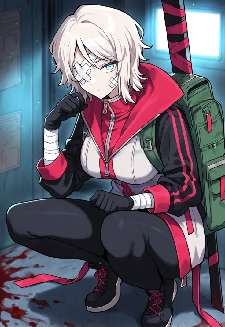 masterpiece, perfect face, beautiful face, perfect hands, beautiful hands, <lora:Faust_Limbus_Illustrious:1>, FaustLimbus, FaustRemnant, eyepatch, 1girl, solo, looking at viewer, blue eyes, gloves, holding, sitting, closed mouth, jacket, weapon, white hair, black gloves, sword, bag, holding weapon, blood, glowing, bandages, eyepatch, squatting, backpack, bandaid, bandaid on face, bandage over one eye, bandage on face