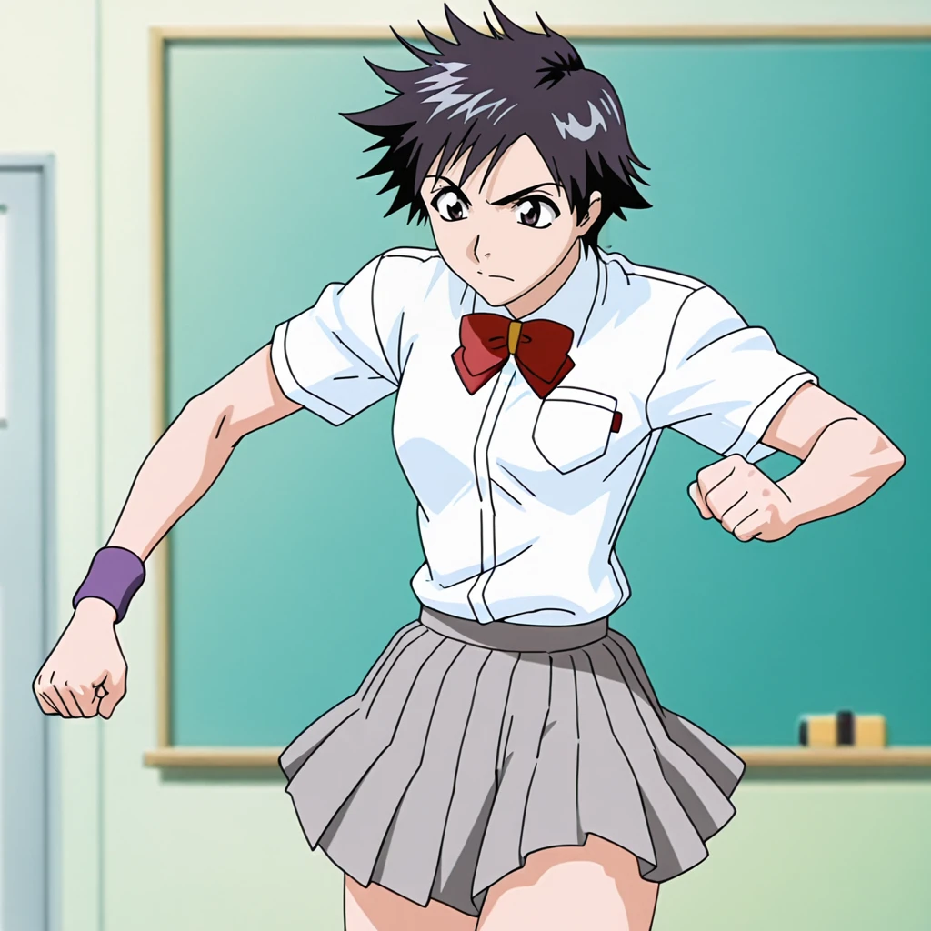 <lora:Tatsuki_illustrious_v1:1> Tatsuki, school uniform, short hair, skirt, black hair, wristband, bow, tomboy, cowboy shot