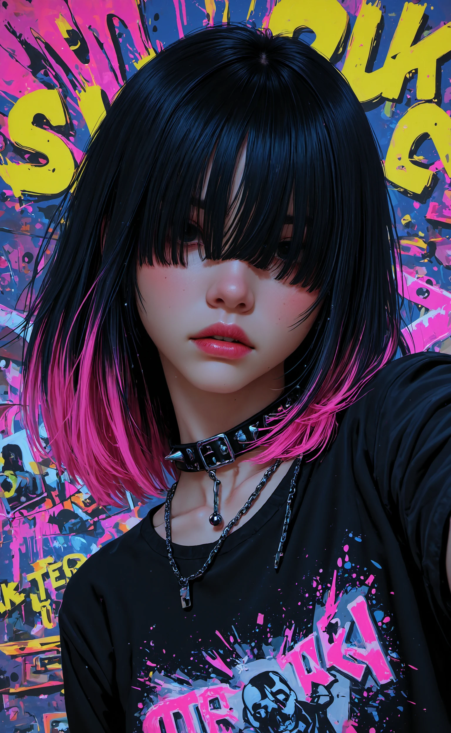 dutch angle, cinematic, expressive, dynamic pose, titled angle,
1girl, punk, popart, painting, hair over eyes, multicolor hair, black hair, pink hair, artistic expression,