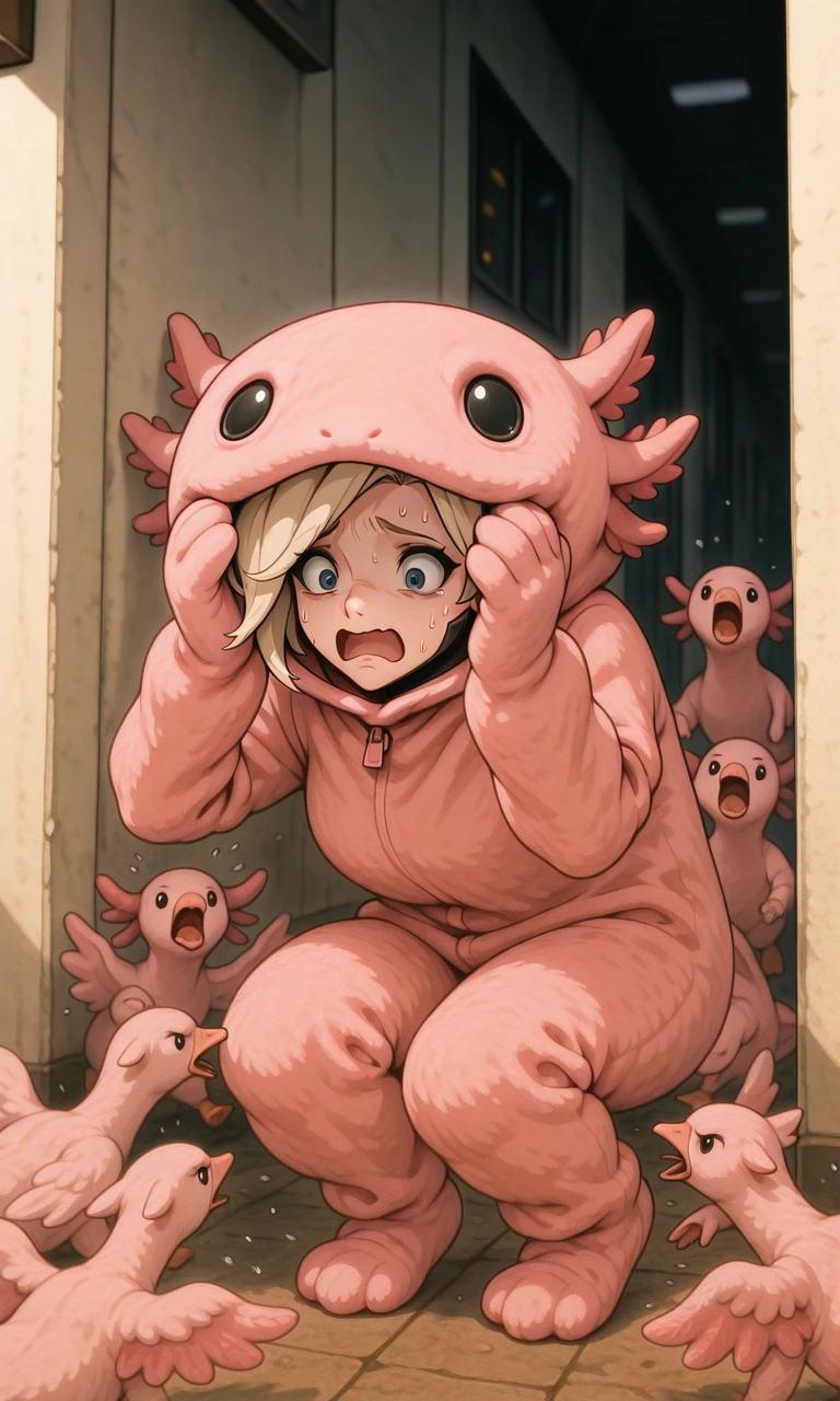 embedding:IllusP0s, axolotl costume, 6+ geese, mercy_\(overwatch\), cowering, scared, 1girl, solo,<lora:goose ambush_illustrious.safetensors:1.0:1.0> <lora:axolotl costume_illustrious.safetensors:1.0:1.0>