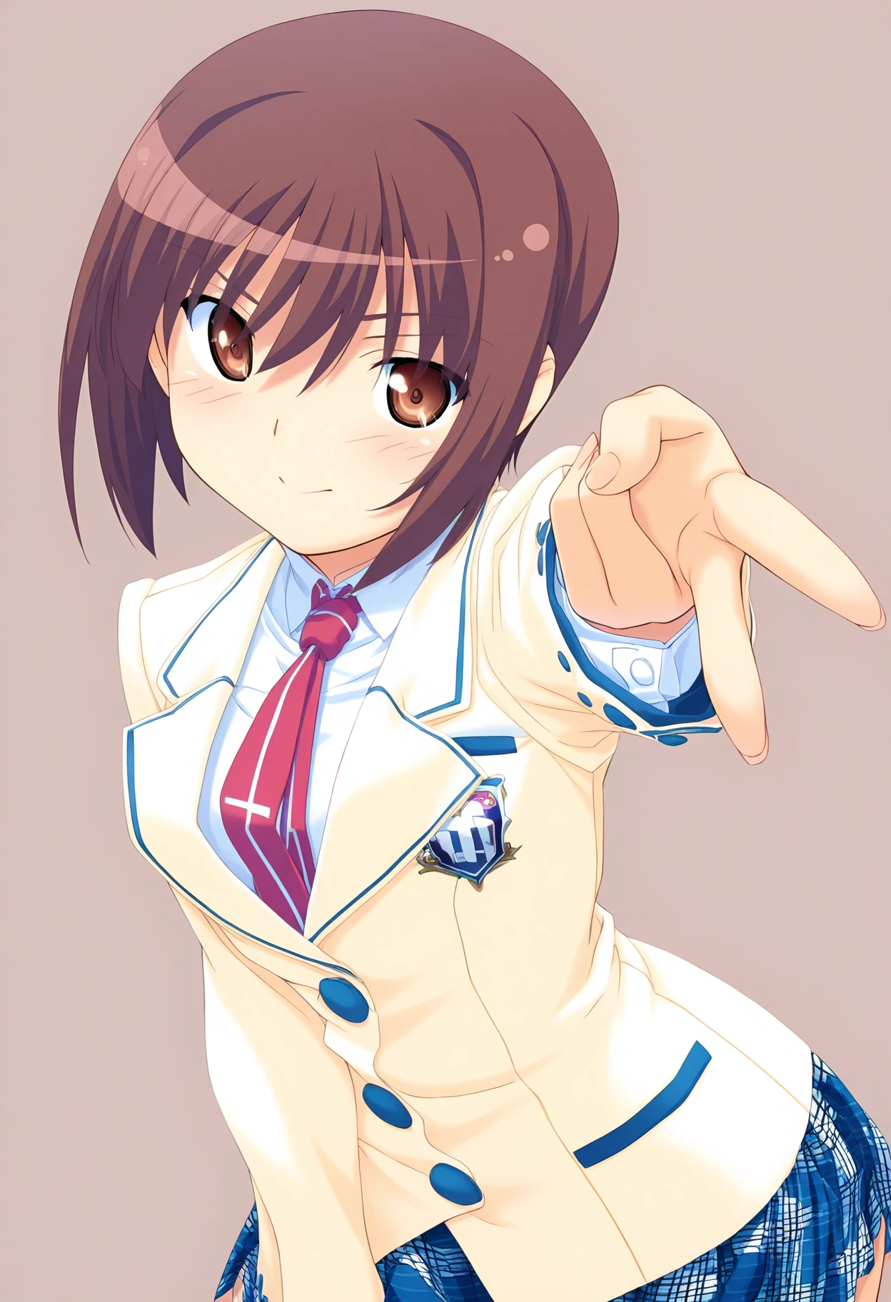 masterpiece, 1girl, ct_r1ka, brown eyes, brown hair, short hair, beige blazer, white collared shirt, red necktie, long sleeves, blue plaid skirt, c-gya, v, looking at viewer, simple background