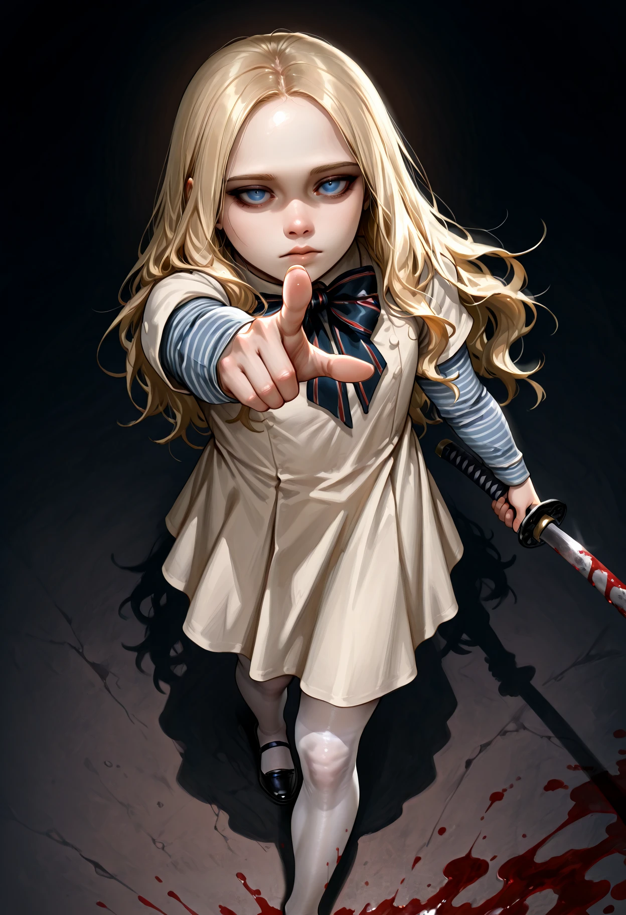masterpiece,best quality,amazing quality, <lora:M3GAN_IL:1>m3ganwaifuil, dress, long sleeves, shirt, white pantyhose, striped clothes, bow, blue eyes, blonde hair, expressionless, shoes, arm up, from above, looking at viewer, realistic, abstract background, holding sword, katana, horror \(theme\), blood on weapon, walking, pointing at viewer, outstretched arm, (solid dark background:1.3), (oppressive atmosphere), (void-like emptiness), (dark slate gray) OR (deep blood black) OR (cold ashy blue), (slightly misty edges), (faint gradient at corners),