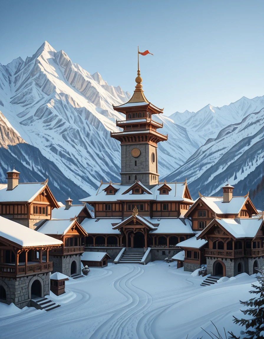 A majestic snow-covered village nestled in a high mountain range, surrounded by tall, rugged alpine peaks. The architecture features ornate, medieval Asian-European fusion buildings, with stone foundations, wooden upper structures, and pagoda-style roofs adorned with golden ornaments. Snow blankets the rooftops and ground, creating a peaceful and pristine winter atmosphere. A central tower rises prominently, capped with a conical roof and gold accents, casting a regal presence over the village. The scene is bathed in crisp daylight, with deep shadows and glistening snow highlighting the serene, untouched beauty of the secluded mountain settlement.snow-covered v1ll4g3, <lora:snow-covered_v1ll4g3-i:1>, Masterpiece,best quality,hi res,8k,hi res,8k,award winning,(sharp focus, intricate, highly detailed),