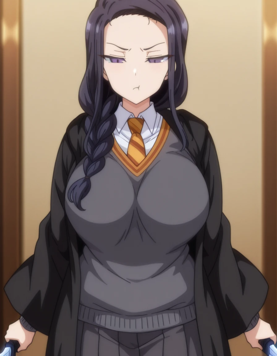 masterpiece, best quality, amazing quality,, <lora:tsubaki-miyajima-ova-illustriousxl-lora-nochekaiser:1>, tsubaki miyajima, long hair, black hair, purple eyes, braid, hair over shoulder, forehead, mature female, breasts, anime screencap, <lora:hogwarts-uniform-illustriousxl-lora-nochekaiser:1>, hogwarts uniform, ravenclaw, black robe, necktie, striped necktie, collared shirt, sweater, pleated skirt, grey sweater,, <lora:dynamic-pose-illustriousxl-lora-nochekaiser:1>, dynamic pose, holding weapon, weapon, holding, dual wielding, cowboy shot, pout, , , ,