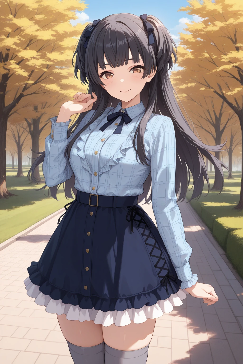very awa, detailed eyes, shining eyes, masterpiece, best quality, ultra-detailed, (8k), (hdr), (ultra-detailed), absurdres, looking at viewer, solo, 1girl, girl, outdoors, park, day, blue sky, smile, aafuyuko, brown eyes, black hair, two side up, black hair ribbon, fuyokoblue, black neck ribbon, blue dress shirt, plaid shirt, long sleeves, black belt, black skirt, frilled skirt, high-waist skirt, cross-laced skirt, grey thighhighs, frills, ((standing, cowboy shot))