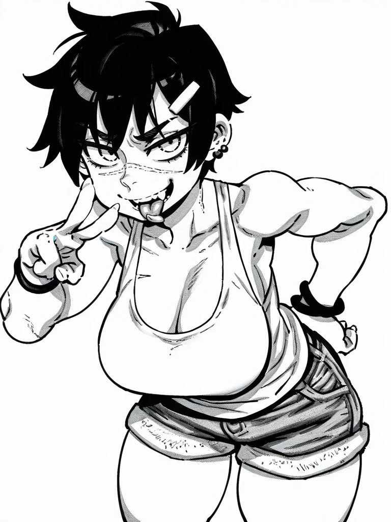 HandBeardXLP, monochrome, hatching (texture),
1girl, very cute face, tomboy, tank top, shorts, piercing, bracelet, scar on face, front, leaning forward, v, evil smile, tongue out, piercing, looking at viewer, white background, dynamic pose, cowboy shot, hair ornament, large breasts,
<lora:ABearHand_style-12:1>