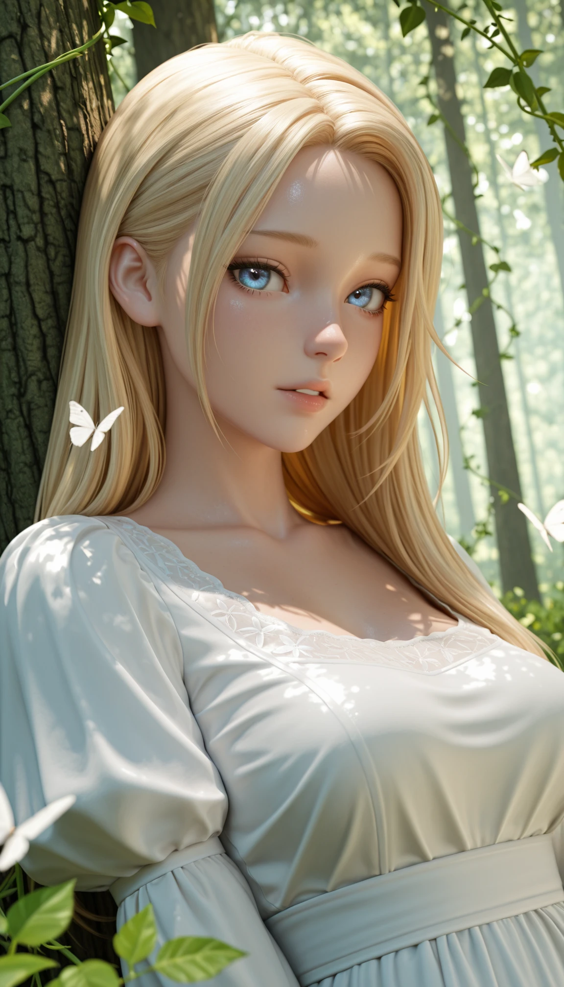 masterpiece, best quality, amazing quality, 4k, very aesthetic, high resolution, ultra-detailed, absurdres, newest, scenery, 3d, rendered, (dappled sunlight:1.2), rim light, backlit, dramatic shadow, 1girl, long blonde hair, blue eyes, shiny eyes, parted lips, medium breasts, puffy sleeve white dress, forest, flowers, white butterfly, looking at viewer, leaning side against tree, vines, green, arms, upper body, close-up, dutch angle, shiny skin, BREAK, dramatic shadow, depth of field, vignetting, volumetric lighting