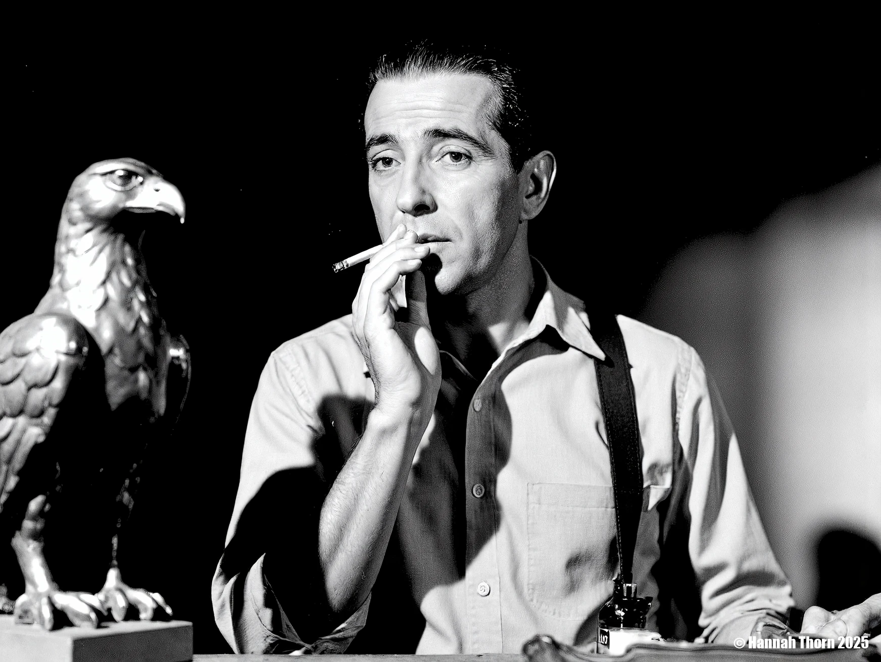 A mature man, embodying a world-weary yet resolute character, akin to Humphrey Bogart, captured in a compelling medium close-up. His intense gaze meets the viewer as he raises a lit cigarette to his lips, a subtle wisp of smoke curling. Photographed with an 85mm lens at f/2.8, eye-level perspective, creating a shallow depth of field. Dramatic chiaroscuro lighting dominates, with a hard, directional key light from the left sculpting his face and casting deep, enigmatic shadows on the right and background. A blurred, dark, metallic falcon-like statue subtly anchors the foreground. Influenced by the stark portraiture of Richard Avedon and the atmospheric depth of classic Film Noir. Composition adheres to the rule of thirds. Post-processed for high-contrast black and white, fine film grain, and a subtle vignette, emphasizing the subject's sharp detail against a soft, dark backdrop.<lora:_Flux\_Film-Retro\Film_Noir.safetensors:1.0000000000000002:1.0000000000000002>