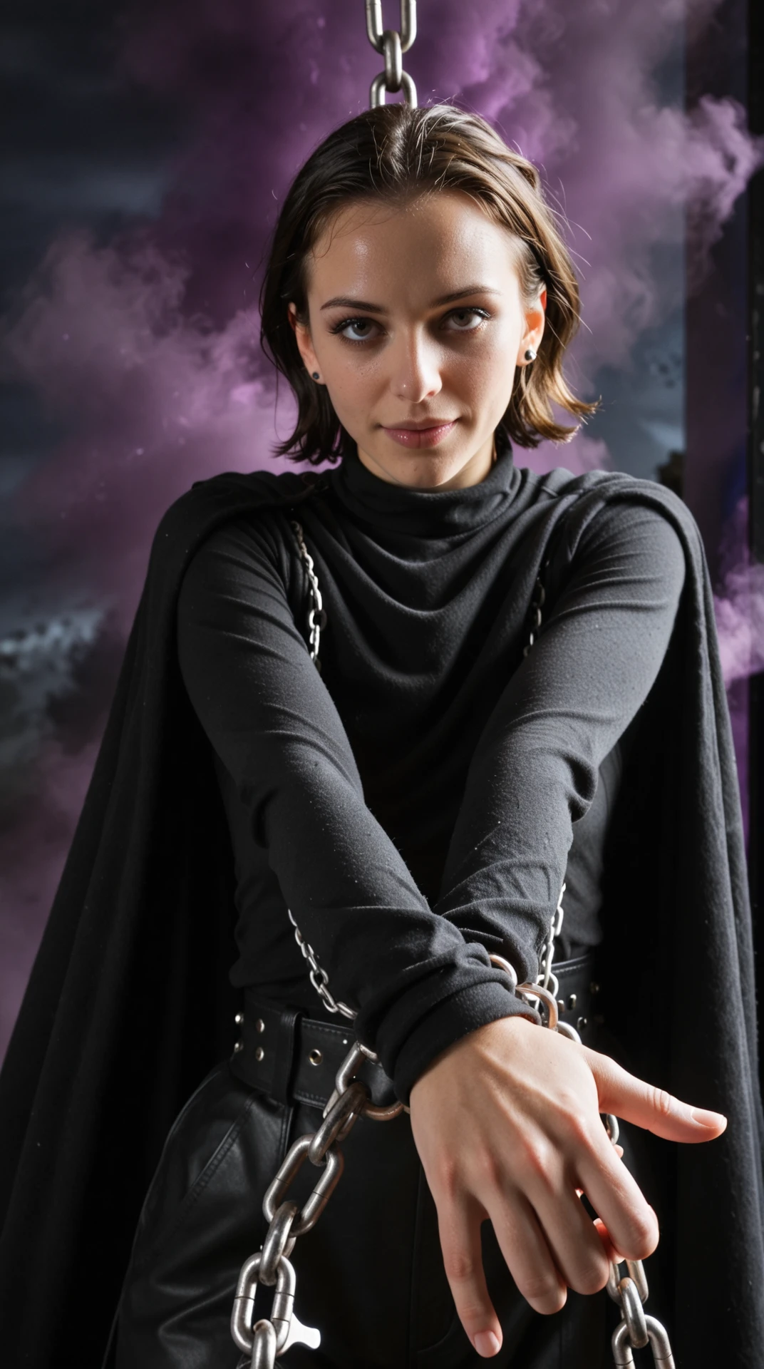 A closeup of a SFW, 1boy, androgynous, cloak, detached long sleeves, fingerless gloves, stud ear piercings, green hair, white highlight tuft to the left of his face, short hair, purple eyes, slanted pupils, Chained Hooks, evil smile, dark purple aura, stormy sky, dynamic pose, intense lighting, detailed background, depth of field, dynamic composition, foreshortening, detailed background, dynamic pose, dynamic composition,dutch angle, detailed backgroud,foreshortening,