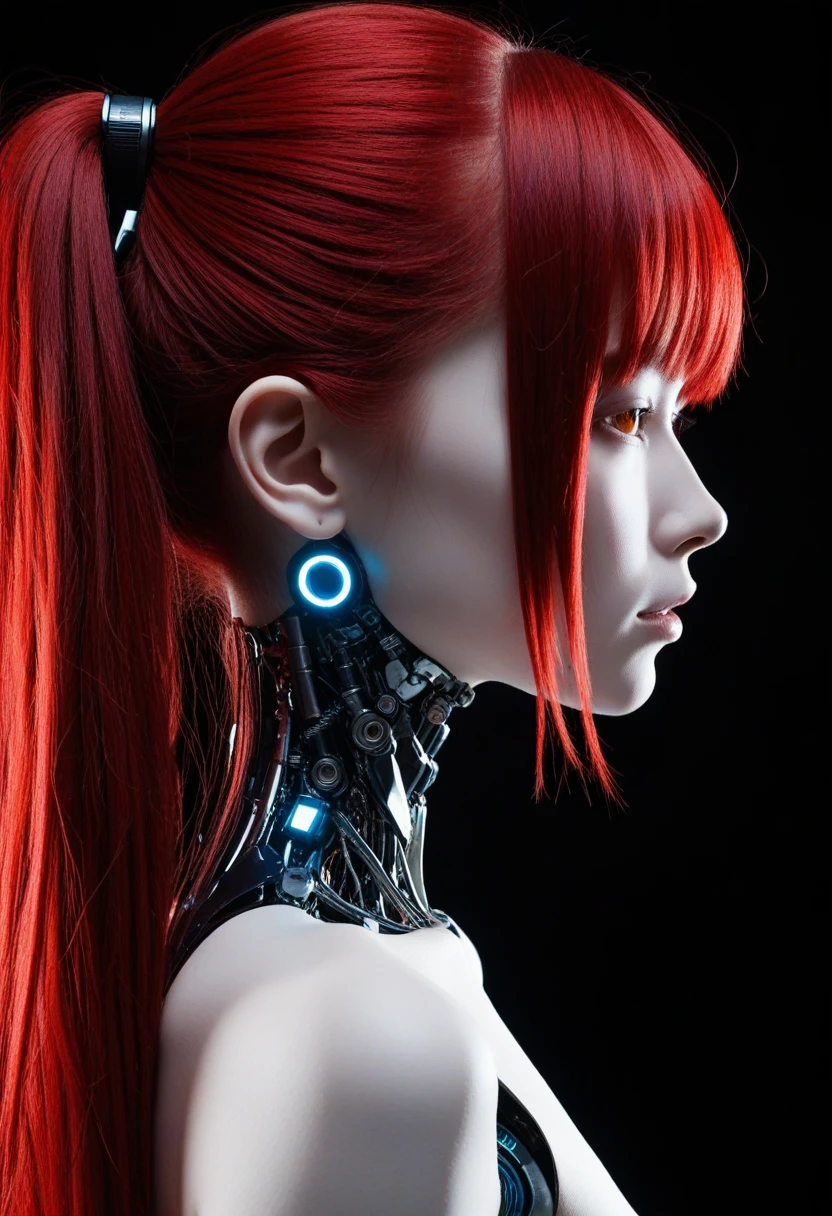 <lora:dmd2_4_steps_color_fix:1>,upper body,1girl,cyborg,black background,portrait,nude,glowing eyes,from side,long hair,red hair,