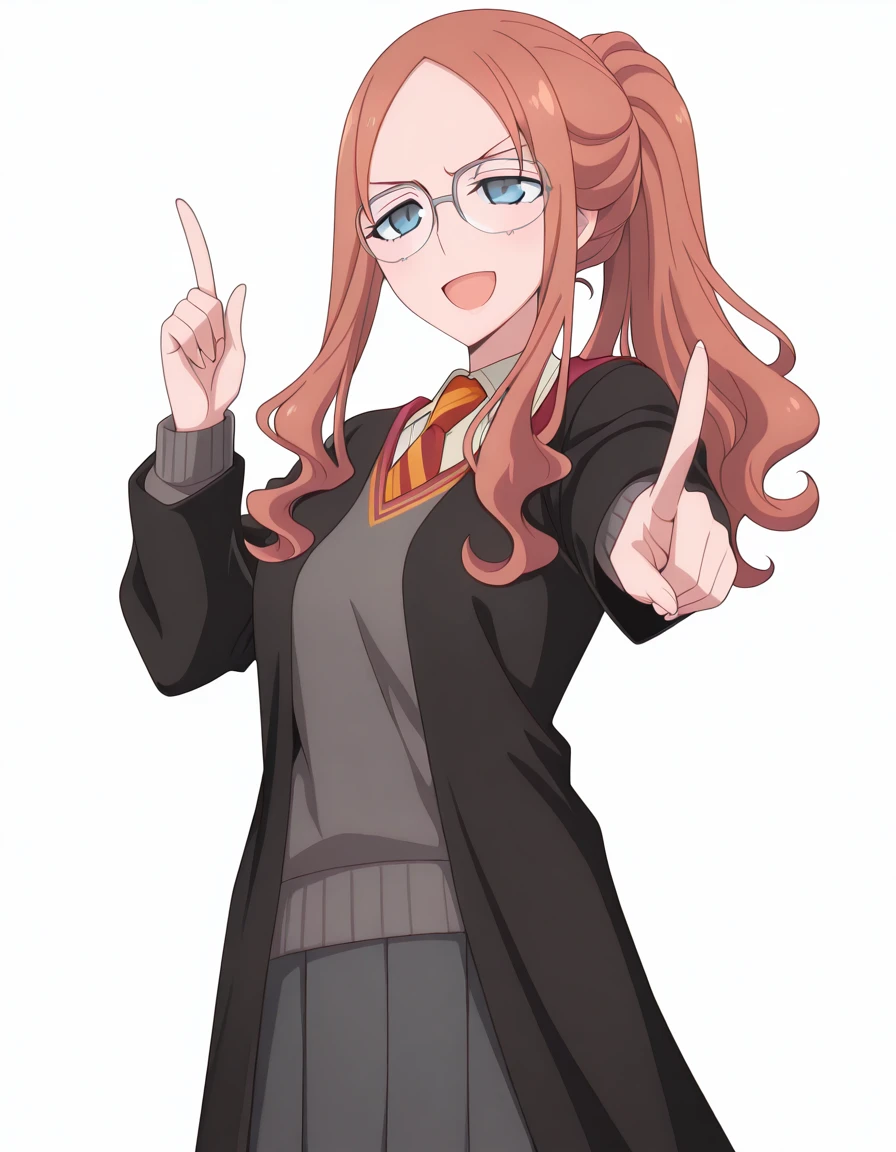 masterpiece, best quality, amazing quality,, <lora:sylvia-sherwood-anime-illustriousxl-lora-nochekaiser:1>, sylvia sherwood, long hair, brown hair, glasses, orange hair, grey eyes, ponytail, sidelocks, mature female, breasts, anime screencap,, <lora:hogwarts-uniform-illustriousxl-lora-nochekaiser:1>, hogwarts uniform, gryffindor, black robe, necktie, striped necktie, collared shirt, sweater, pleated skirt, grey sweater,, <lora:koi-dance-illustriousxl-lora-nochekaiser:1>, koi dance, index finger raised, dancing, outstretched arm, pointing at viewer, pointing, pointing up, smile, cowboy shot, blush,, angry, open mouth, <lora:transparent-background-illustriousxl-lora-nochekaiser:1>, transparent background, simple background, white background, ,