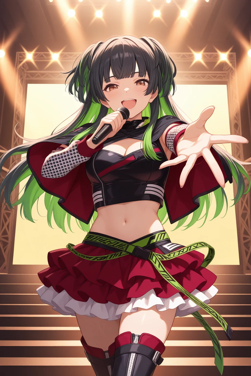 very awa, detailed eyes, shining eyes, masterpiece, best quality, ultra-detailed, (8k), (hdr), (ultra-detailed), absurdres, looking at viewer, solo, 1girl, girl, indoors, stage, stage lights, day, smile, bbfuyuko, brown eyes, multicolored hair, black hair, green hair, two side up, fuyukoidol, black capelet, black shirt, crop top, cleavage cutout, detached sleeves, long sleeves, midriff, green belt, red skirt, layered skirt, frilled skirt, thigh boots, ((singing, holding microphone, reaching toward viewer, cowboy shot))