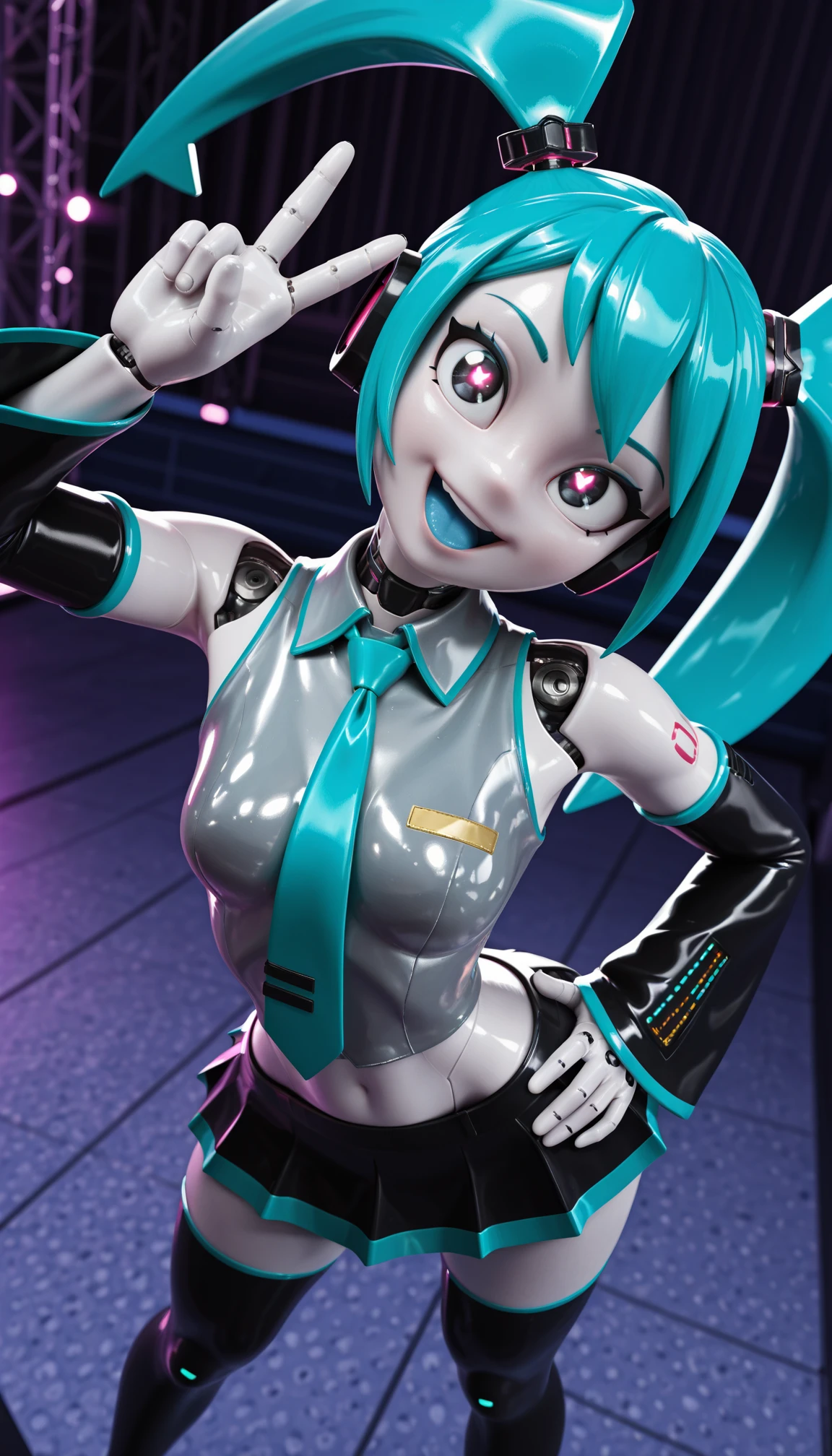 masterpiece, best quality, amazing quality, 4k, very aesthetic, high resolution, ultra-detailed, absurdres, newest, scenery, 3d, rendered, cartoon, dramatic light, 1girl, solo, (jenny wakeman:1.3) AND hatsune miku, (robot, android, part lines:1.2), (white skin, metalic skin, ceramic skin:1.2), collared wide detached sleeve grey shirt, necktie, skirt, thighhighs, (no nose:1.2), [shiny black eyes:symbol-shaped pupils:13], bright pupils, big eyes, one eye half-closed, (winking:0.8), open mouth, smile, blue tongue, standing, posing, twisty pose, head tilt, legs apart, long hair, small breasts, wide hips, narrow waist, from above, face focus, dutch angle, v, one hand on hip, cyberpunk, stage, blue neon, spot light, fine shiny fablic emphasis, BREAK, robot white hands, fingers, eyes, extremely detailed eyes, photorealistic detail, detailed background, volumetric lighting, depth of field