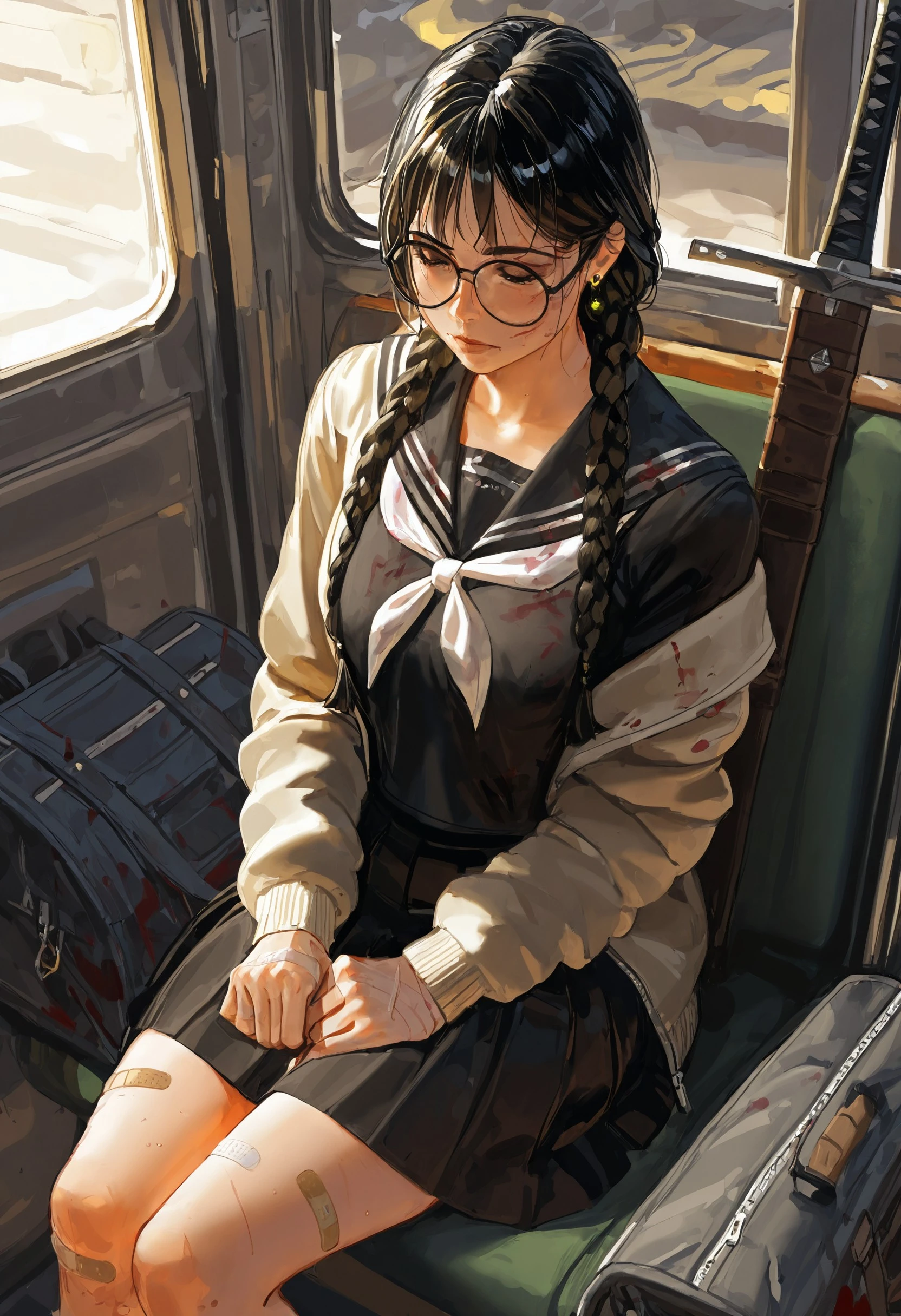 gwe1z, twin braids, braid, glasses, weapon, school uniform, serafuku, skirt, sitting, sword, jewelry, blood, white neckerchief, long hair, earrings, sailor collar, bag, 1girl, black-framed eyewear, round eyewear, shirt, black shirt, blood on clothes, black serafuku, bandaid, neckerchief, black skirt, lips, pleated skirt, black hair, jacket, masterpiece, masterfully drawn, amazing quality, best quality, very aesthetic, illustration, crisp-image, latest, <lora:d29f3ad3-7d90-4457-b76d-a3f076aa876e:0.9>