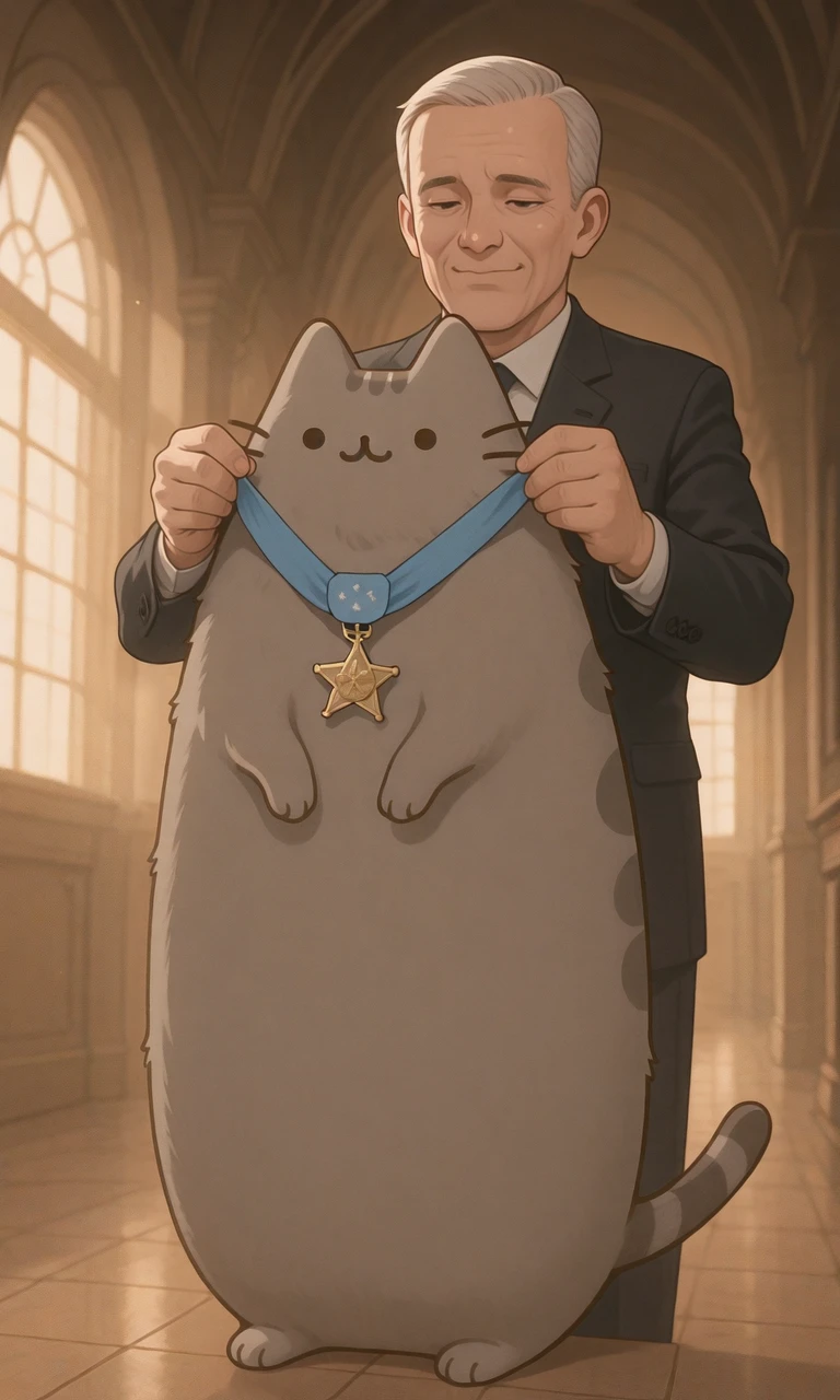 embedding:IllusP0s, holding medal of honor from behind, pusheen,1boy, suit,<lora:PusheenIXL.safetensors:0.7:0.7> <lora:holding medal of honor from behind_illustrious.safetensors:1.0:1.0>