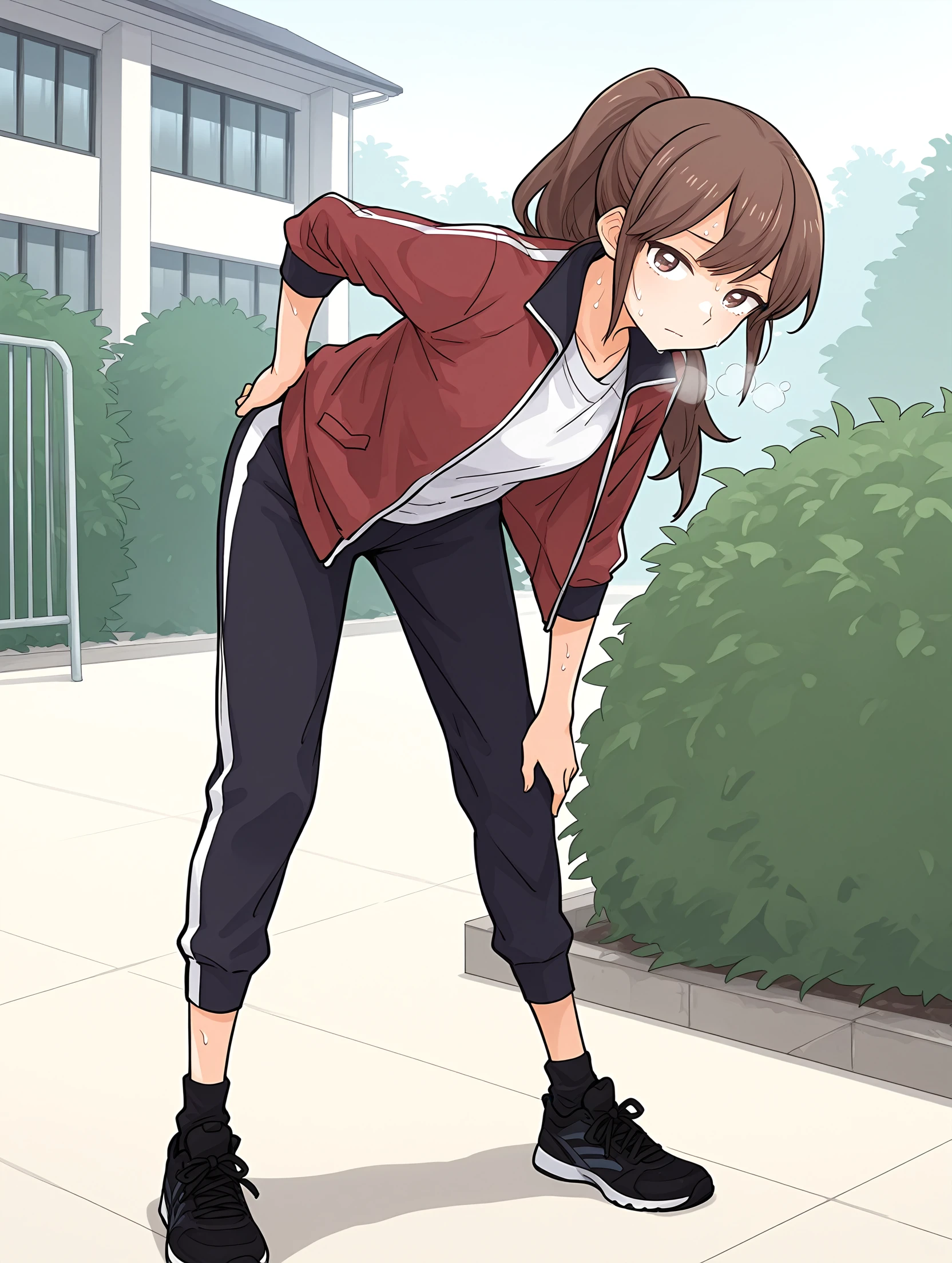 <lora:Yuna_Toomi_-_Illustrious:1> yuna toomi, sketch,
1girl, solo, looking at viewer, closed mouth, standing, jacket, full body, white shirt, open clothes, shorts, black footwear, open jacket, hand on hip, black pants, long pants, black socks, sneakers, red jacket, track jacket, track suit,
after a long run, sweating,exhausted heavy breathing, bent over,
outdoors, behind school building, bush,
masterpiece,best quality,amazing quality,