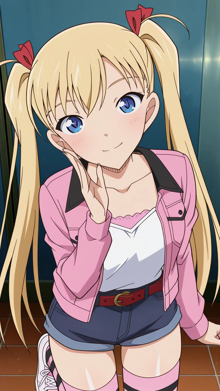 (masterpiece),best quality,amazing quality,very aesthetic,absurdres,newest,perfect body,shiny skin,perfect eyes,detail1eye,well-defined fingers,well-defined fingernails,anime style,indoors,1girl,solo,upper body,(portrait:1.5),looking at viewer,facing viewer,smile,blush,Aoyama Gosho style,Airi Akizuki,ahoge,very long hair,blonde hair,high twintails,hair ribbon,red ribbon,bangs,blue eyes,collarbone,pink jacket,white camisole,long sleeves,pink thighhighs,red belt,denim shorts,shorts rolled up,zettai ryouiki,two-tone thighhighs,pink thighhighs,black thighhighs,striped thighhighs,sneakers,<lora:Airi Akizuki(oc)-Illus:1.6>,